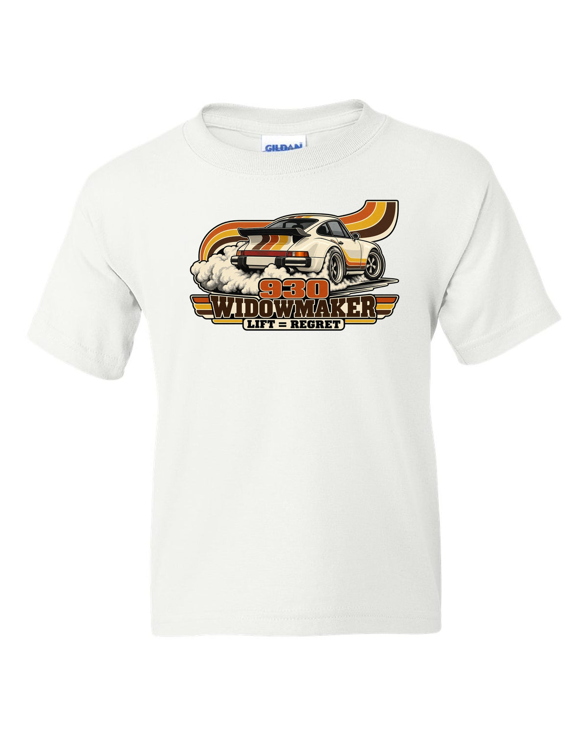 Retro 70s striped illustration of a Porsche 911 Turbo 930 with whale tail white kids tee front view with the design
