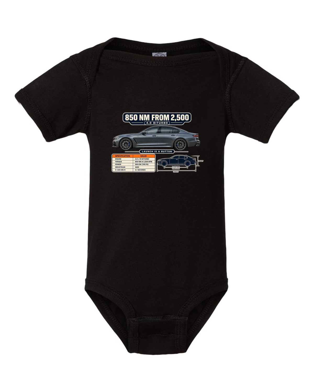 Spec poster print of a Nardo-style grey Mercedes-AMG E63 S W213 facelift black baby onesie front view with the design