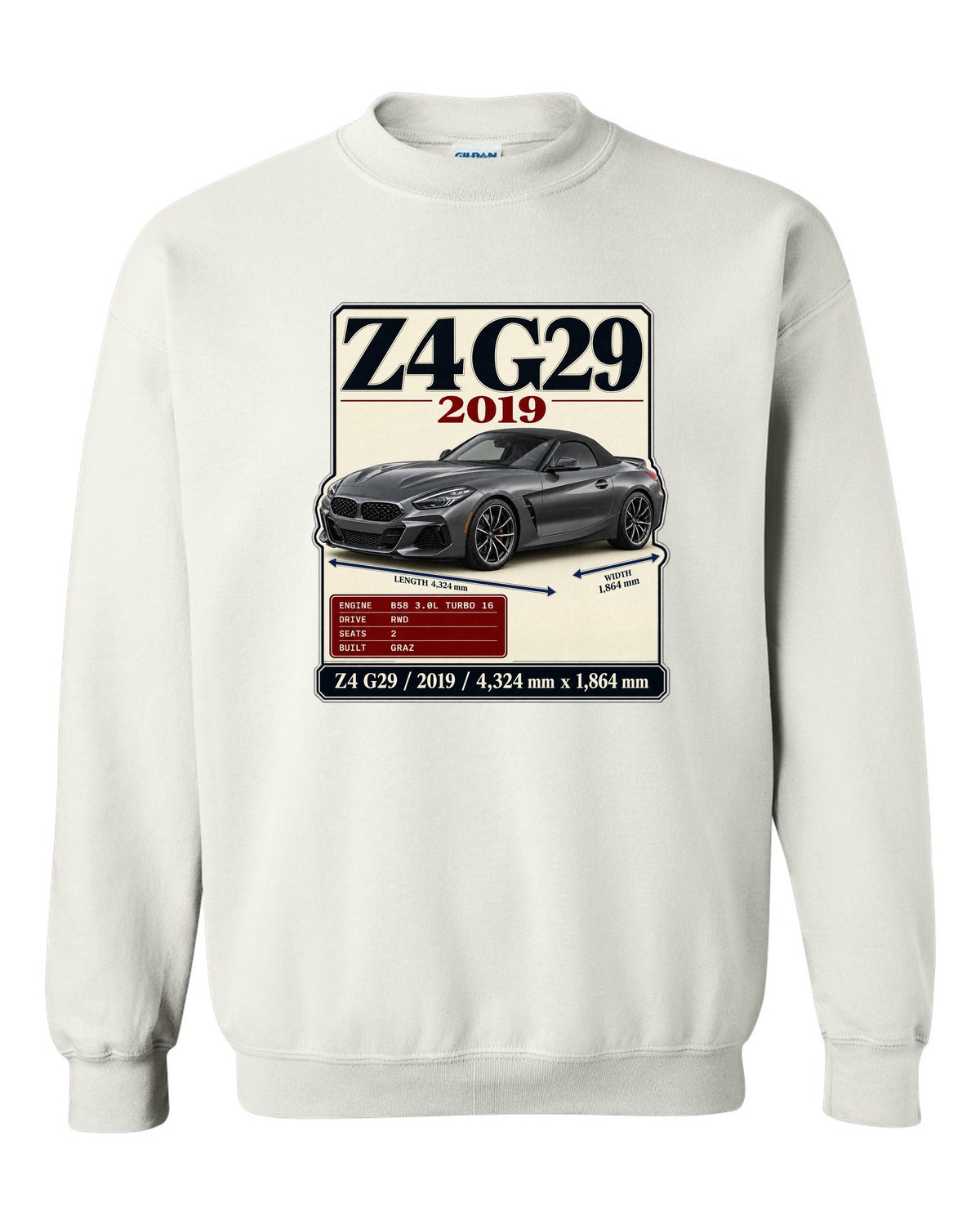 Archive plate print of the BMW Z4 G29 M40i First Edition with 2019 and dimensions white crewneck front view with the design