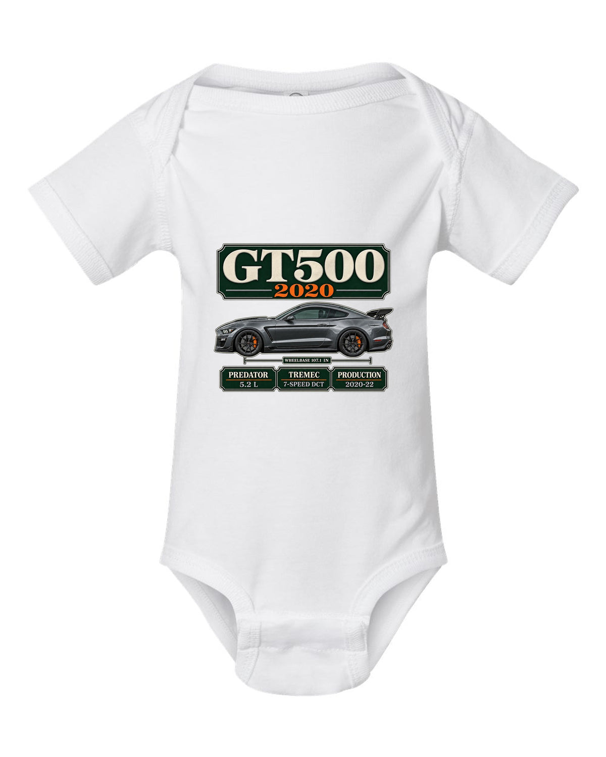 Ford Mustang S550 Shelby GT500 2020 archive panel print with engine and gearbox details white baby onesie front view with the design