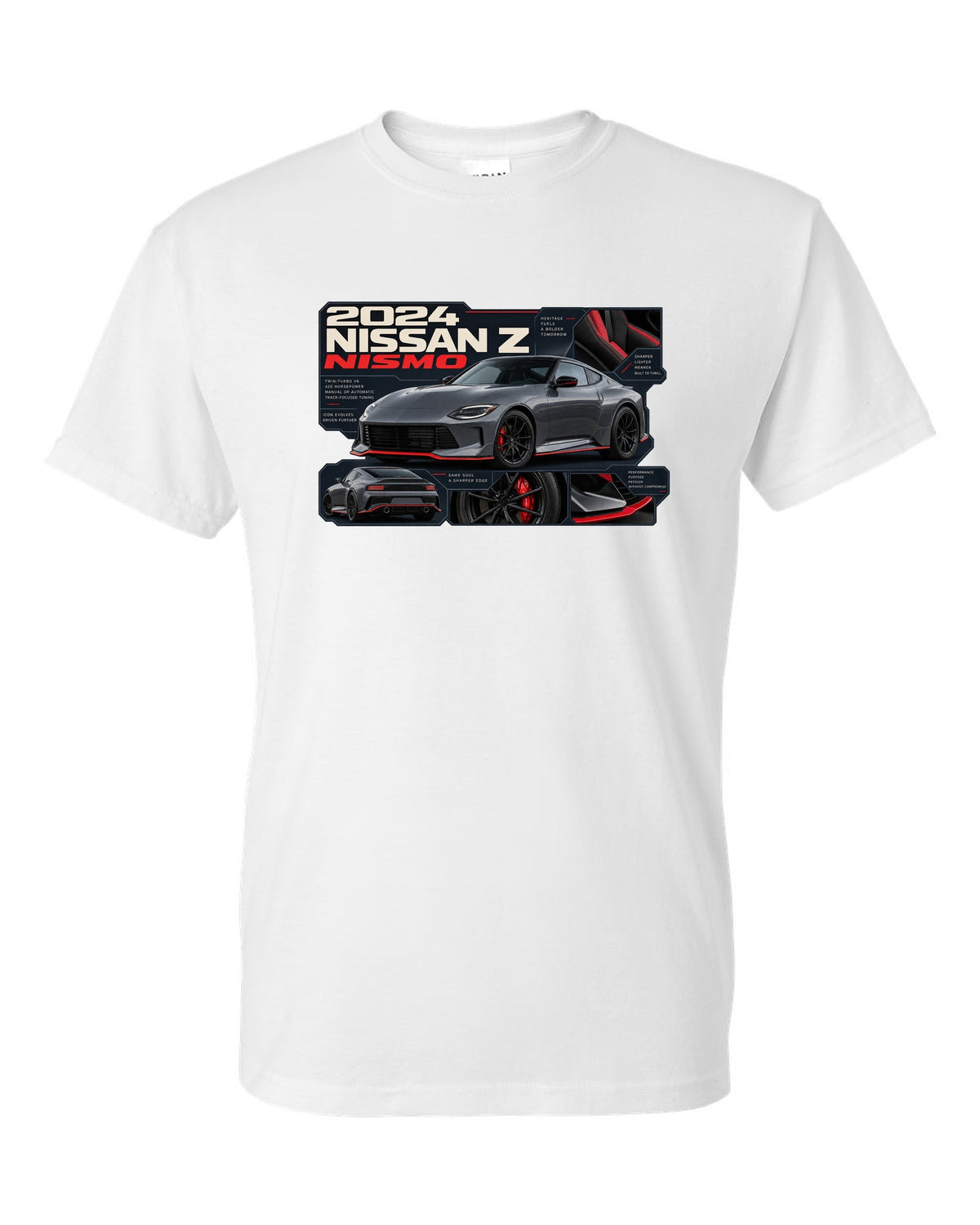 Nissan GT-R50 Italdesign Dossier white t-shirt front view with the design