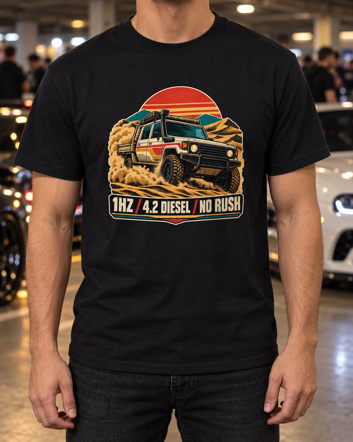 Toyota Land Cruiser HZJ70 Vintage Rally Poster Tee, 1HZ Diesel T-Shirt Black worn hero