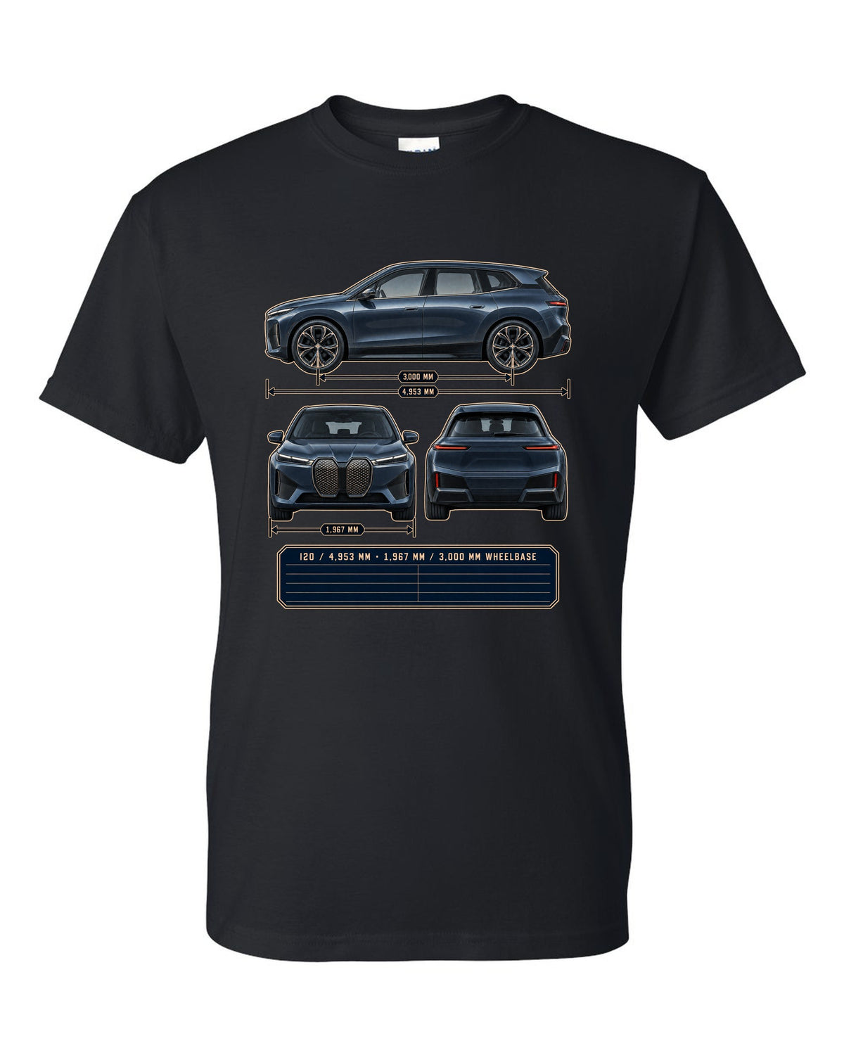 Three-view drawing and spec table print of the BMW iX M60 I20 black t-shirt front view with the design