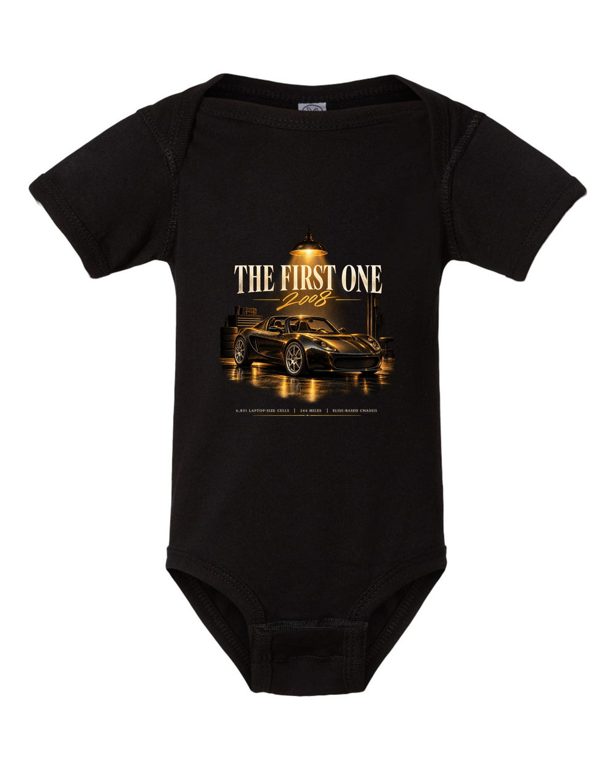 Garage night print of a first generation 2008 Tesla Roadster black baby onesie front view with the design
