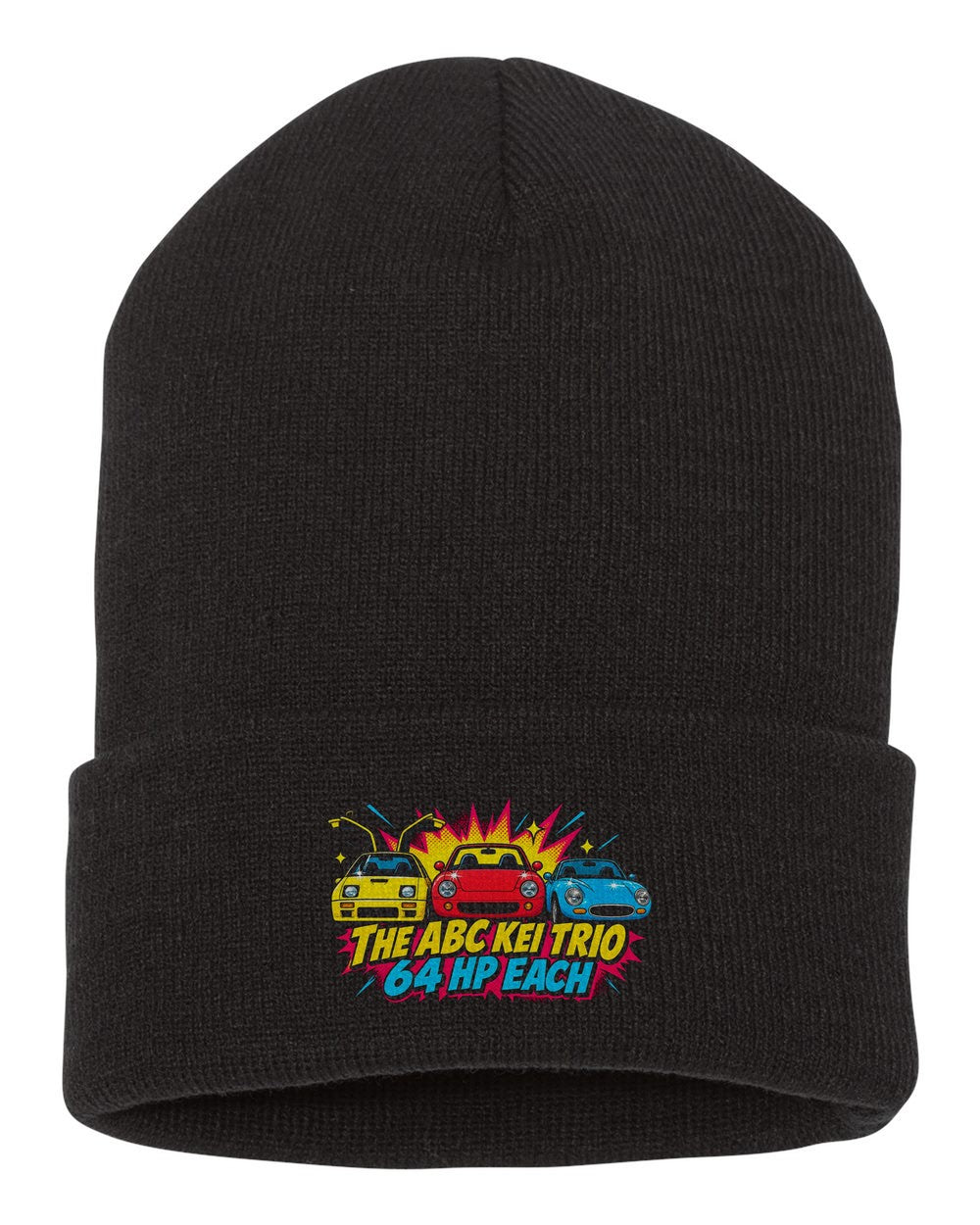 Autozam Az-1, Honda Beat And Cappuccino Kei Trio Pop Art Shirt black beanie front view with car name