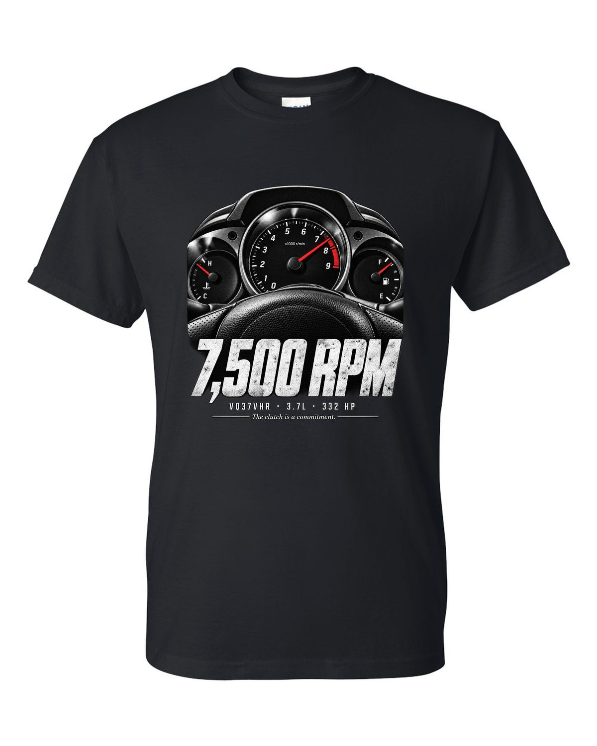 print of a Nissan 370Z Z34 gauge cluster at 7,500 RPM with VQ37VHR text black t-shirt front view with the design
