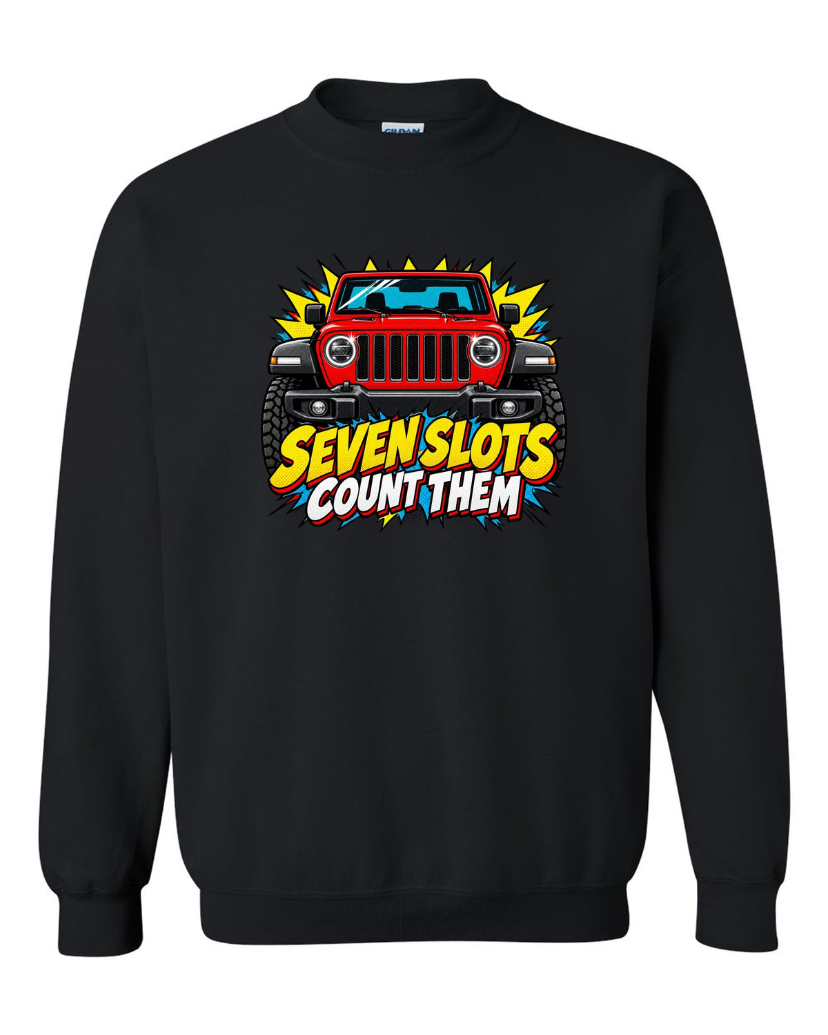 Comic halftone pop-art print of a Jeep Wrangler JL with seven slots text black crewneck front view with the design