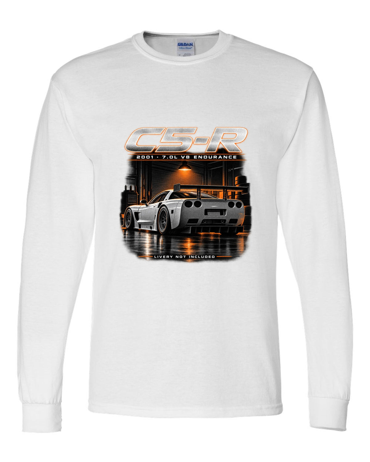 Corvette C5-R race car with big rear wing in a night garage white long sleeve front view with the design