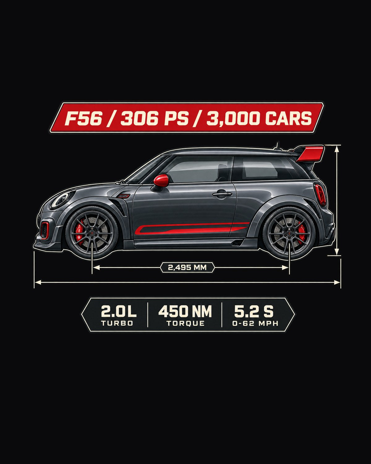 Mini JCW GP F56 2020 Blueprint Shirt, 3,000 Cars, 306 PS design only