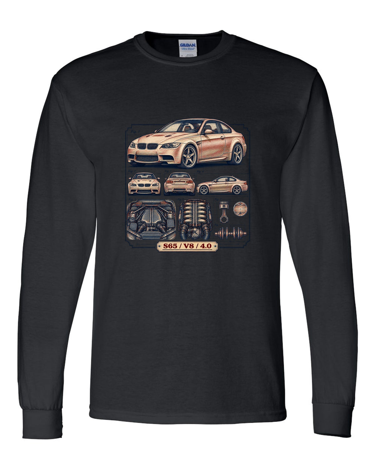 Blueprint patent line drawing of a BMW E92 M3 coupe with S65 V8 4.0 text black long sleeve front view with the design