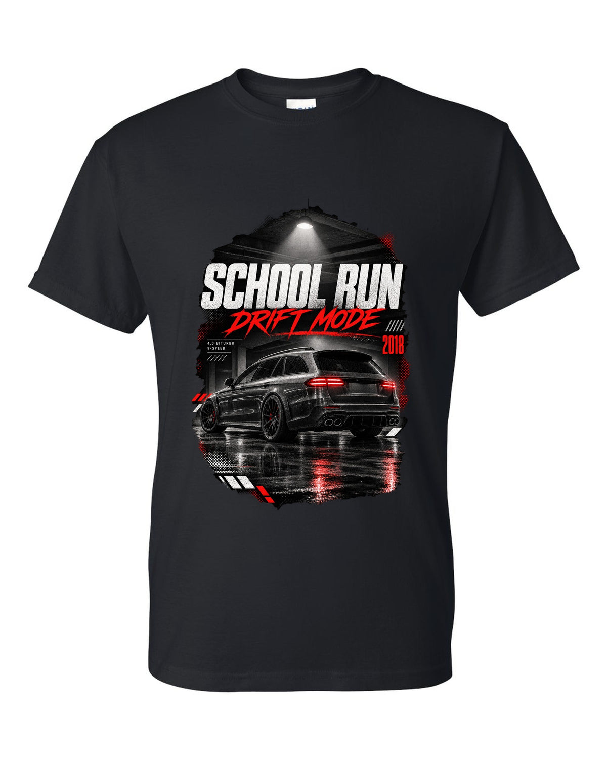 print of a Mercedes E63 S wagon S213 in a night garage with the text School Run / Drift Mode black t-shirt front view with the design