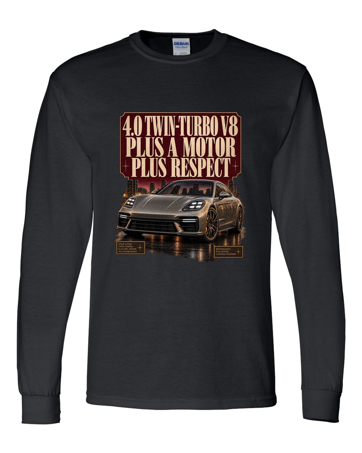Editorial headline print of a low front three-quarter Porsche Panamera Turbo S E-Hybrid G3 at dusk black long sleeve front view with the design