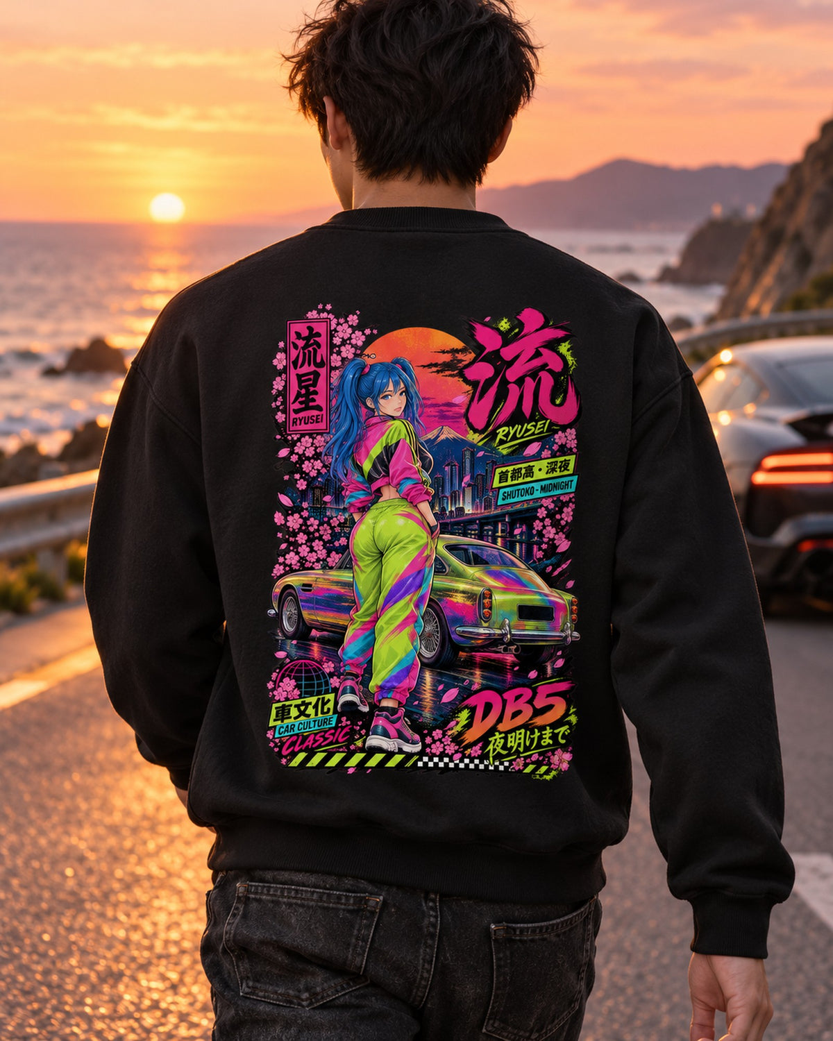 RYUSEI DB5 Anime Girl Full-Back Graphic Tee Crewneck Black worn hero