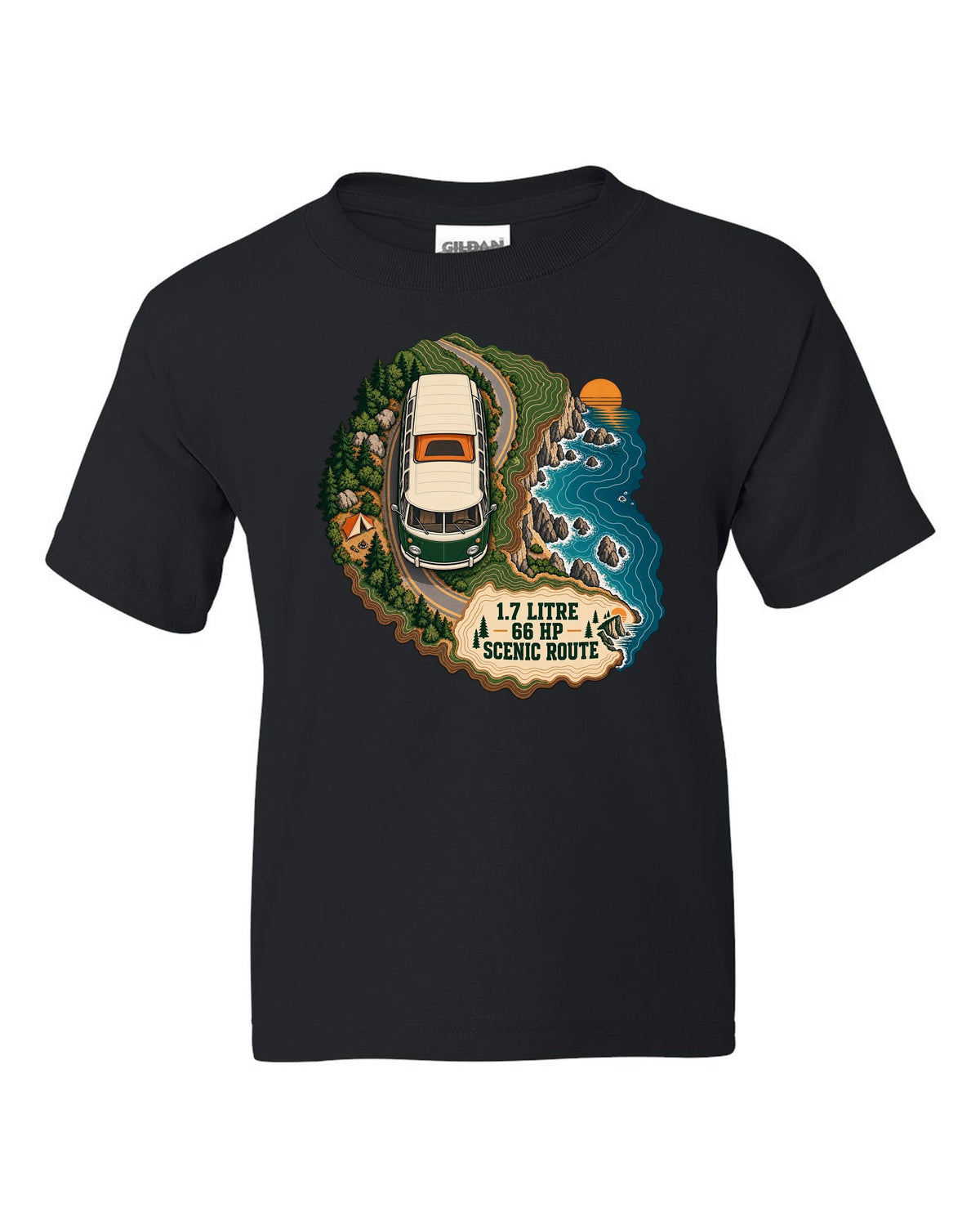 Topographic route map print of a 1972 VW Bus T2 bay window with scenic route lettering black kids tee front view with the design