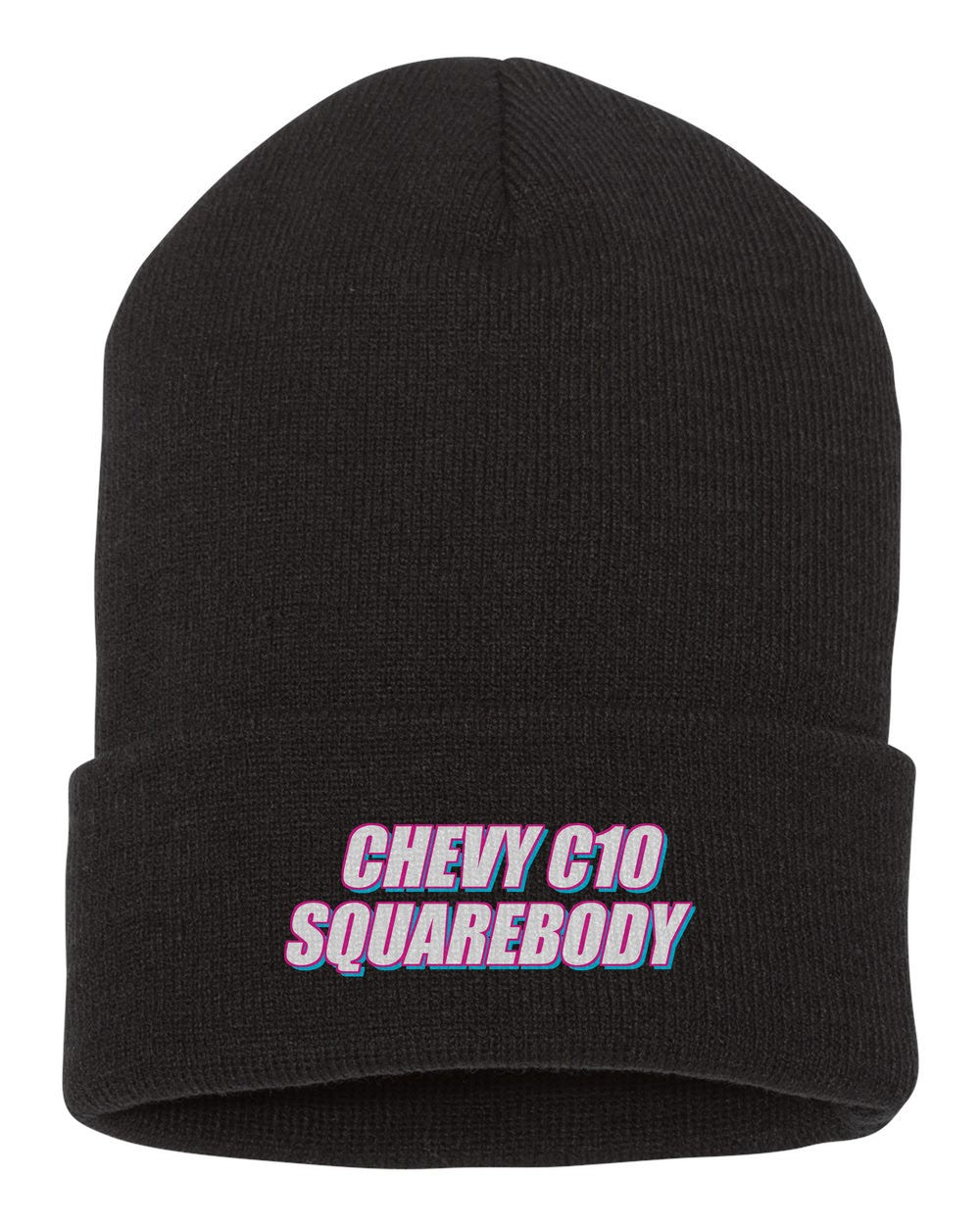 Chevy C10 Squarebody black beanie front view with car name