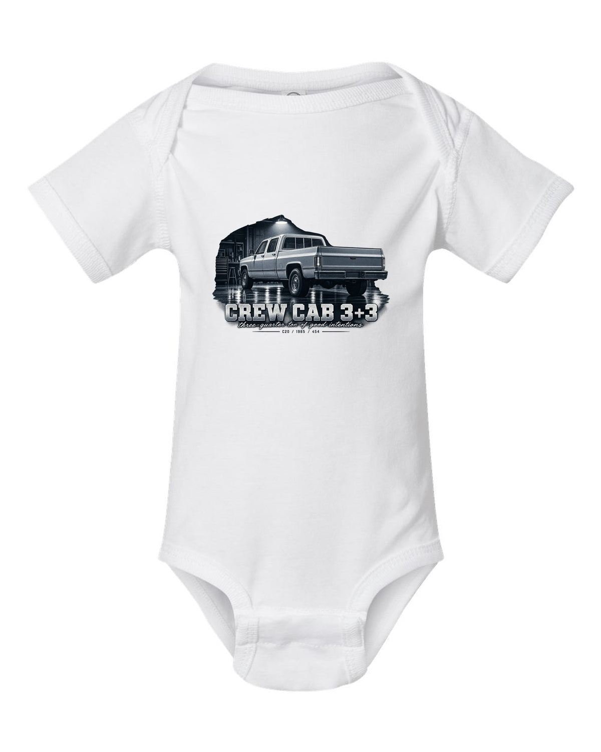 1985 C20 Squarebody crew cab in a garage night scene, print white baby onesie front view with the design