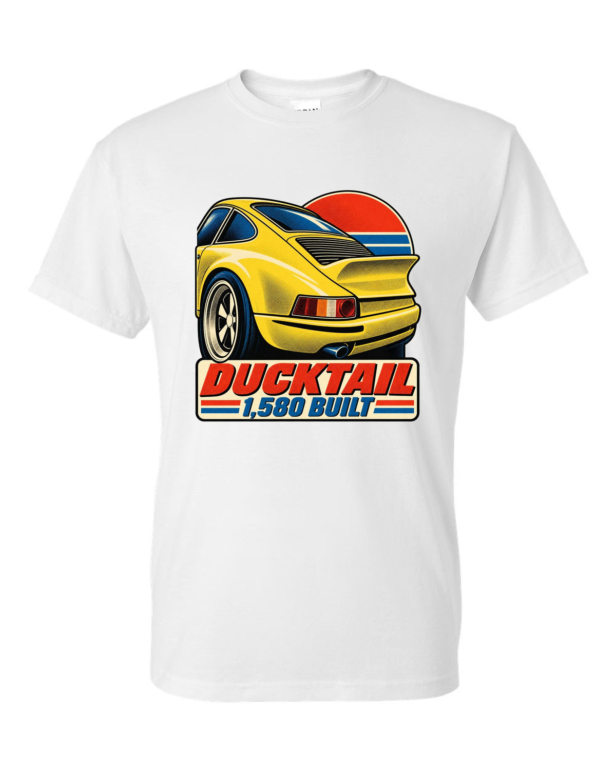 Vintage lithograph poster of the Porsche 911 Carrera RS 2.7 ducktail white t-shirt front view with the design