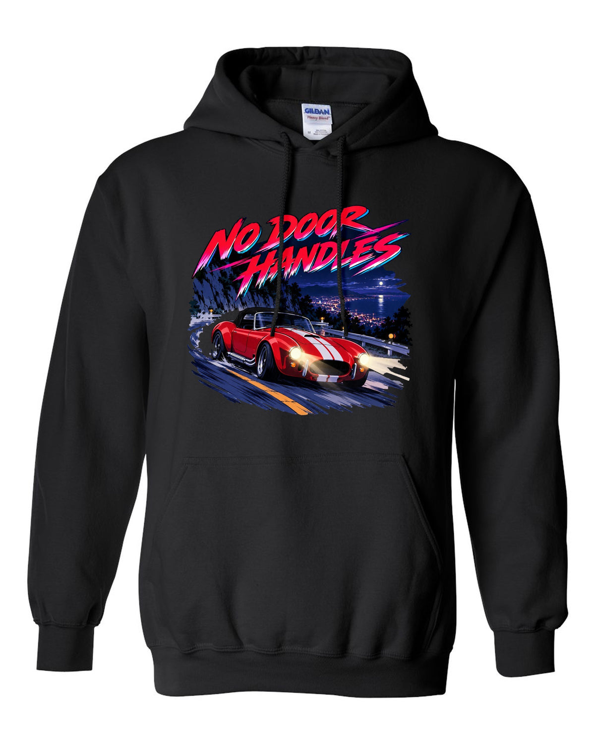 Cel-shaded anime night touge scene with a 1995 Dodge Viper RT/10 SR I and no door handles caption black pull over hoodie front view with the design