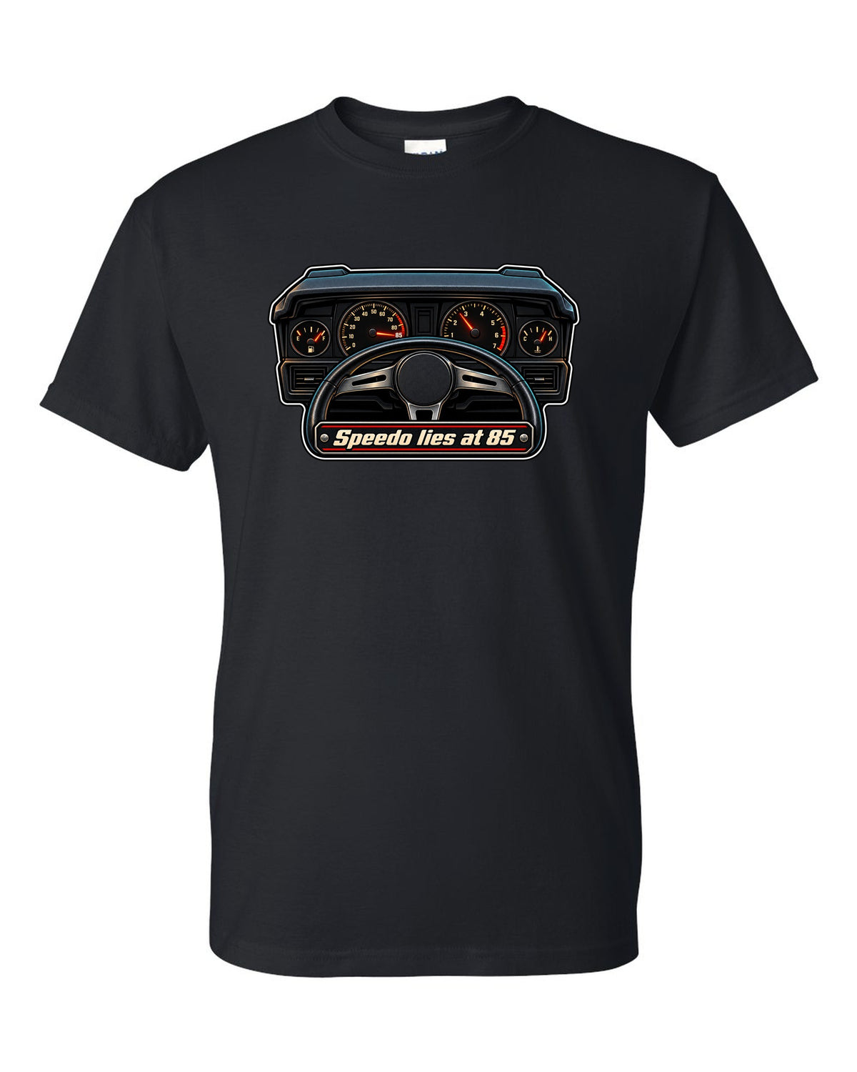 Gauge-cluster HUD print for a Ford Mustang Fox Body GT with speedo text black t-shirt front view with the design