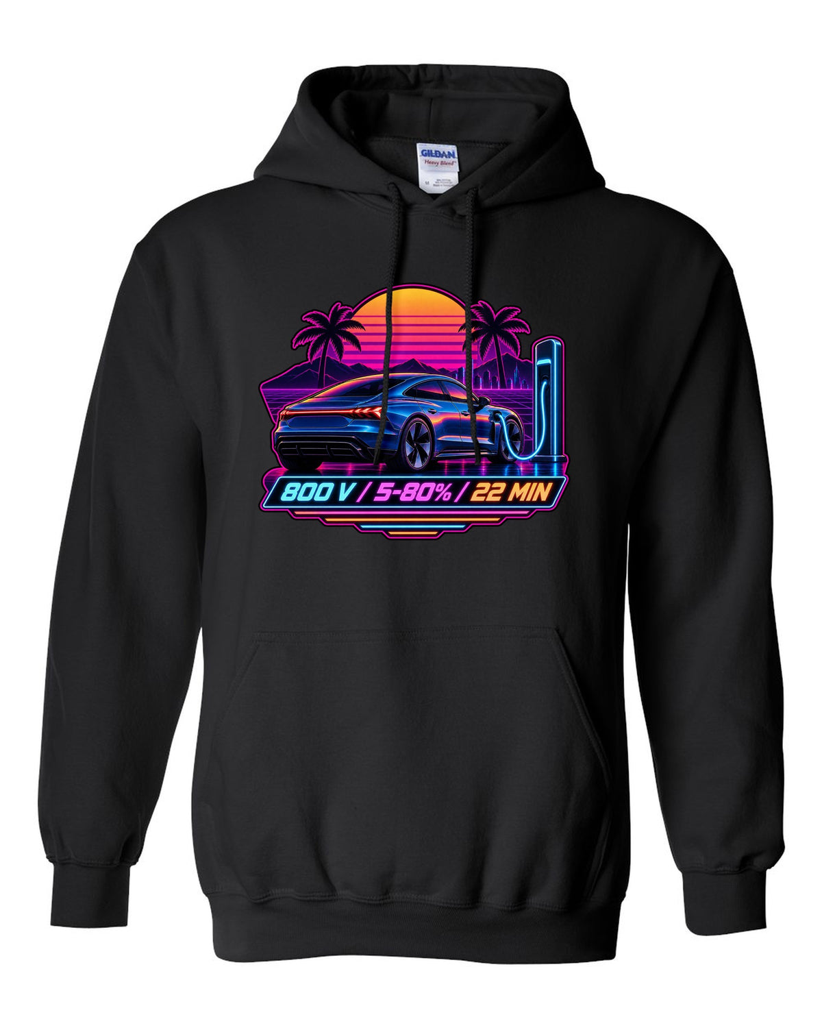 Outrun style print of an Audi e-tron GT with 800 V charging figures black pull over hoodie front view with the design