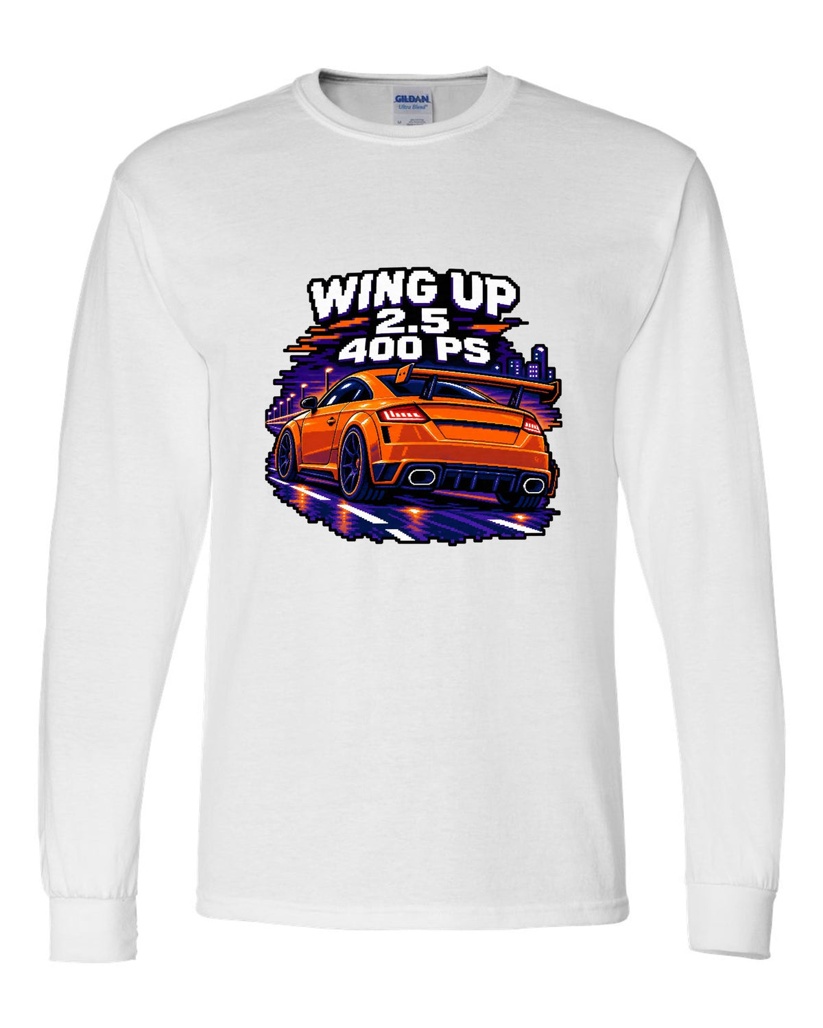 16-bit pixel art print of an Audi TT RS FV with rear wing up and 400 PS text white long sleeve front view with the design