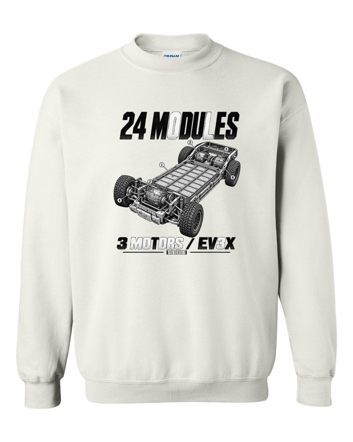 Cutaway of the GMC Hummer EV pickup battery pack and motors with labels white crewneck front view with the design
