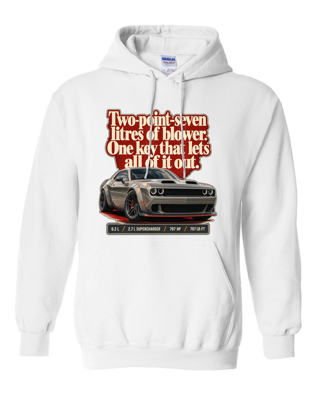 Dodge Challenger SRT Hellcat Redeye Widebody editorial headline print white pull over hoodie front view with the design