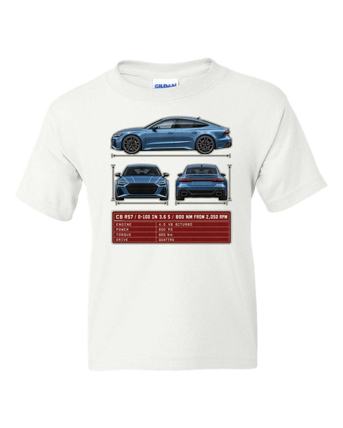 Three-view spec sheet for the Audi RS7 Sportback C8 white kids tee front view with the design