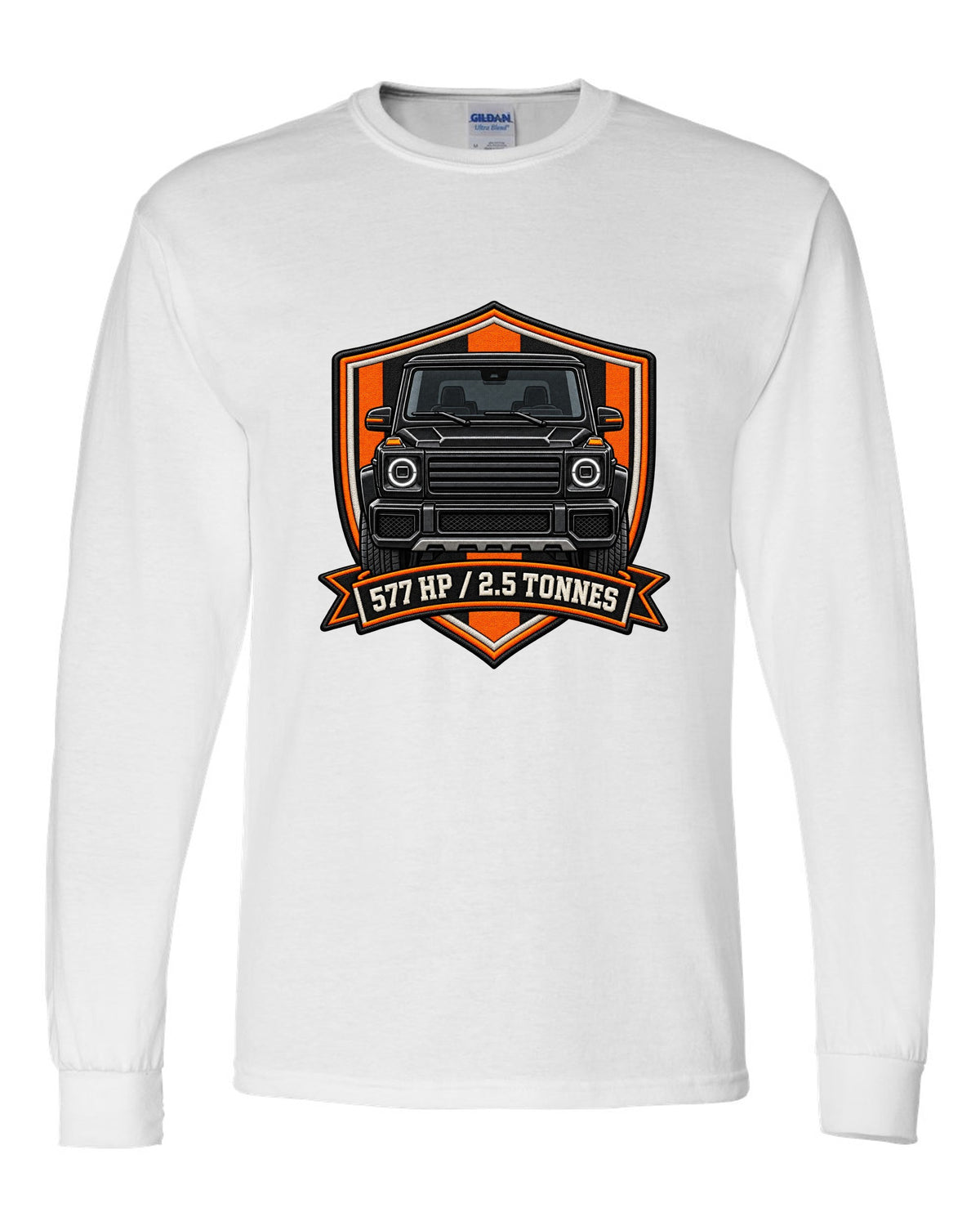 Ukiyo-e woodblock wave graphic with a boxy Mercedes G-Class W463, print white long sleeve front view with the design