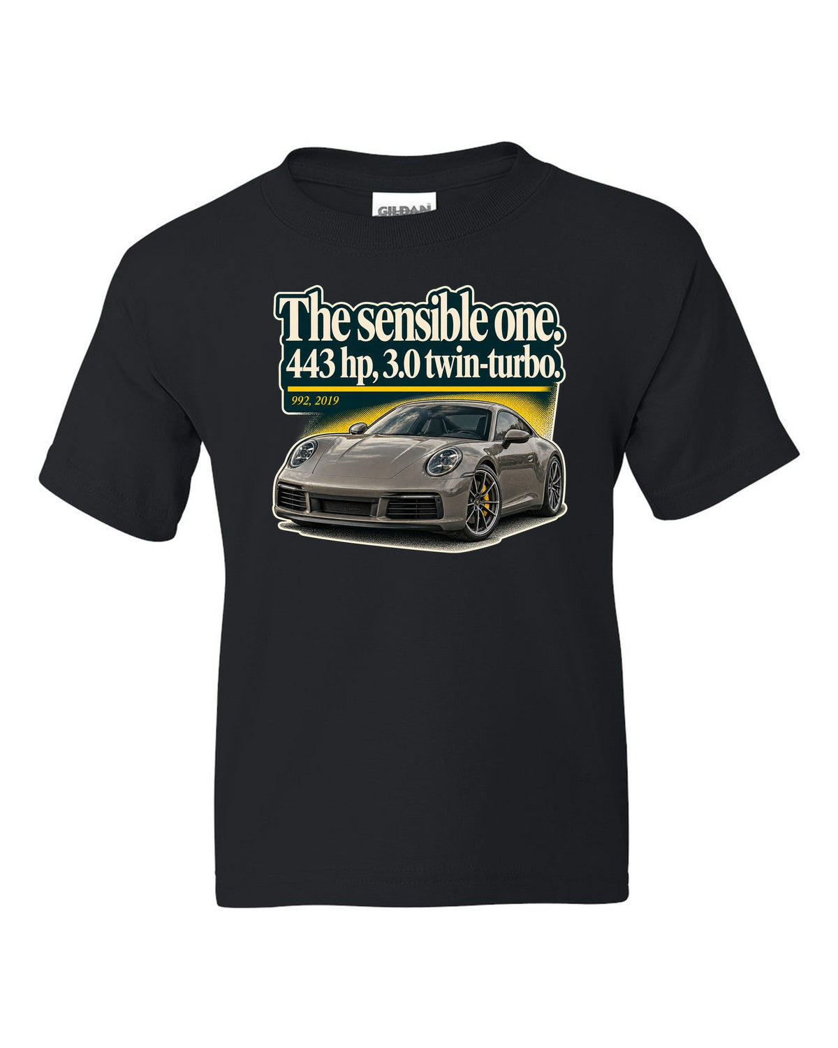 print of a Porsche 992 Carrera S coupe with an editorial headline layout black kids tee front view with the design