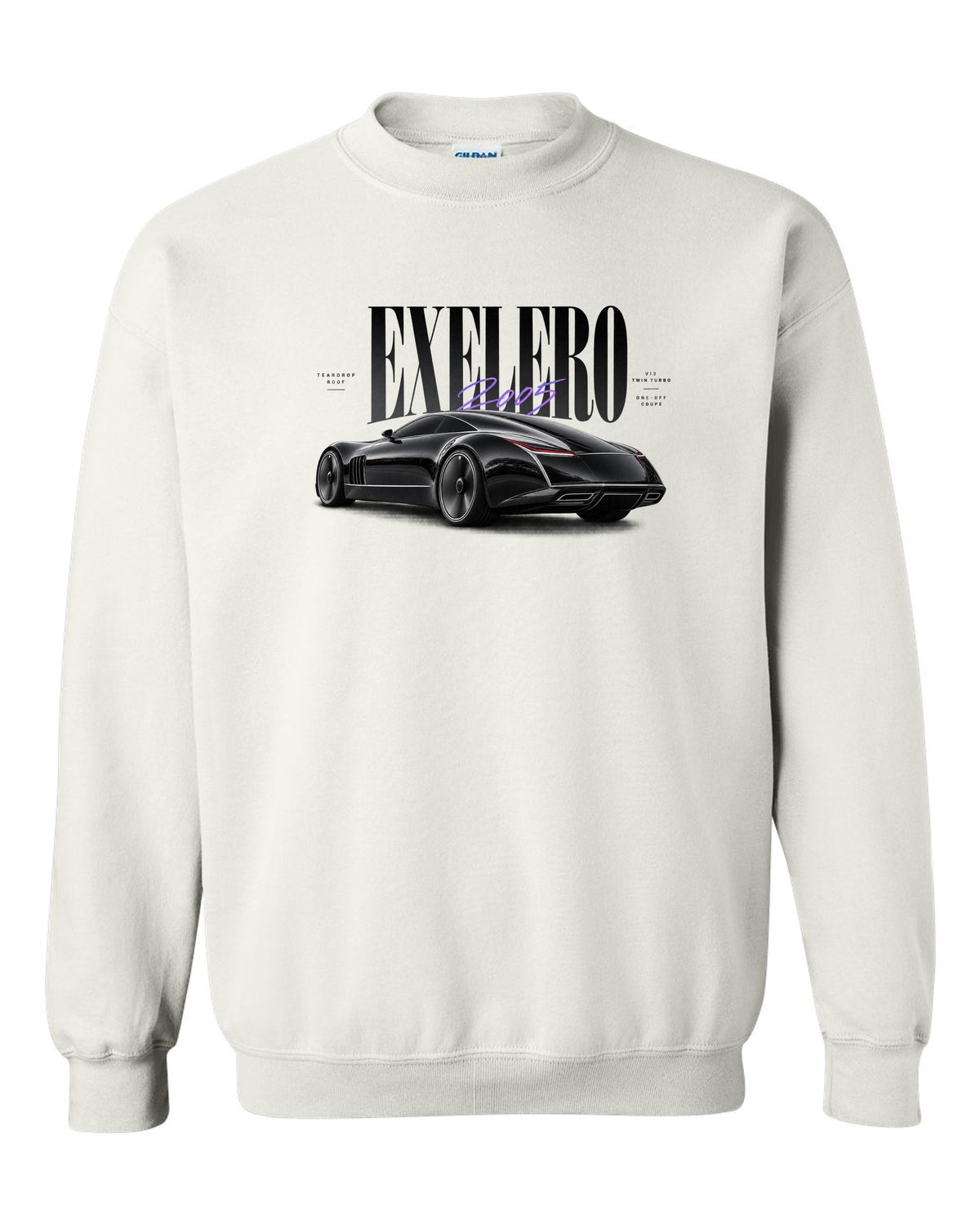 Editorial print of the Maybach Exelero one-off with Exelero 2005 Teardrop Roof lettering white crewneck front view with the design