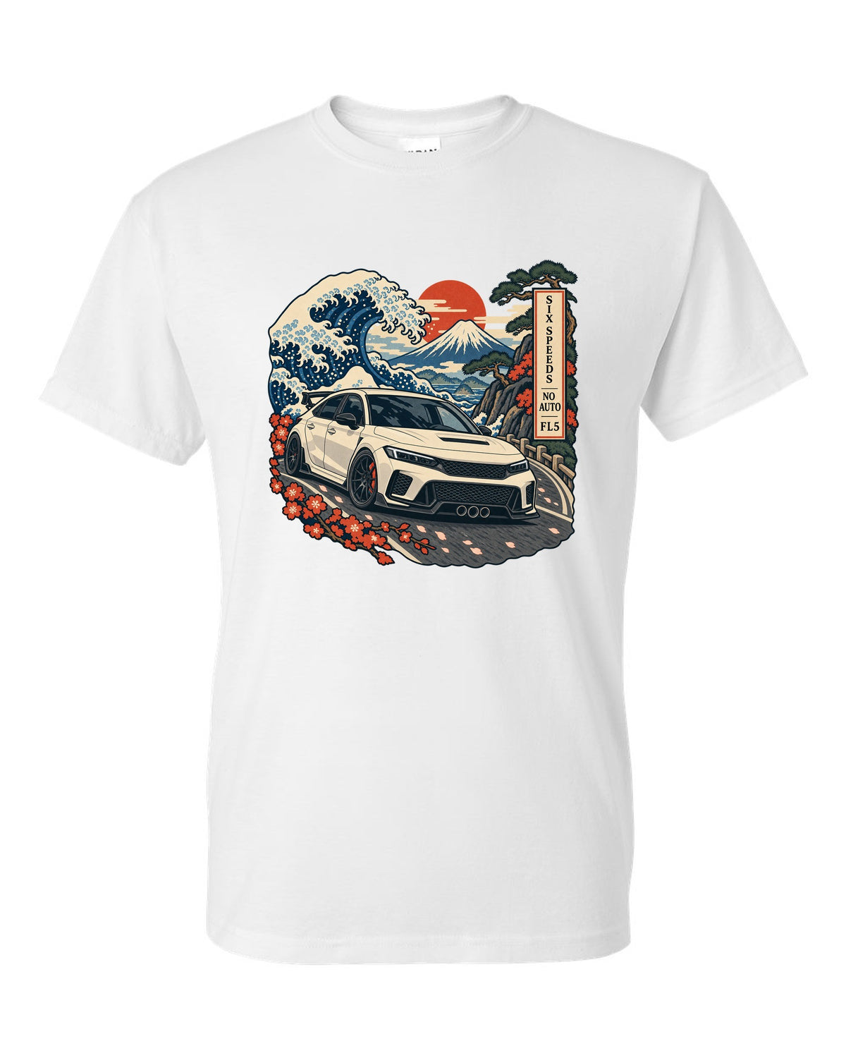 Ukiyo-e woodblock print of a 2023 Honda Civic Type R FL5 on a Fuji pass with six speeds no auto text white t-shirt front view with the design