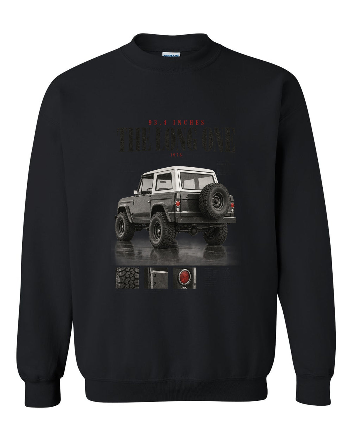 Editorial headline print for the Jeep CJ-7, 93.4 Inches The Long One black crewneck front view with the design