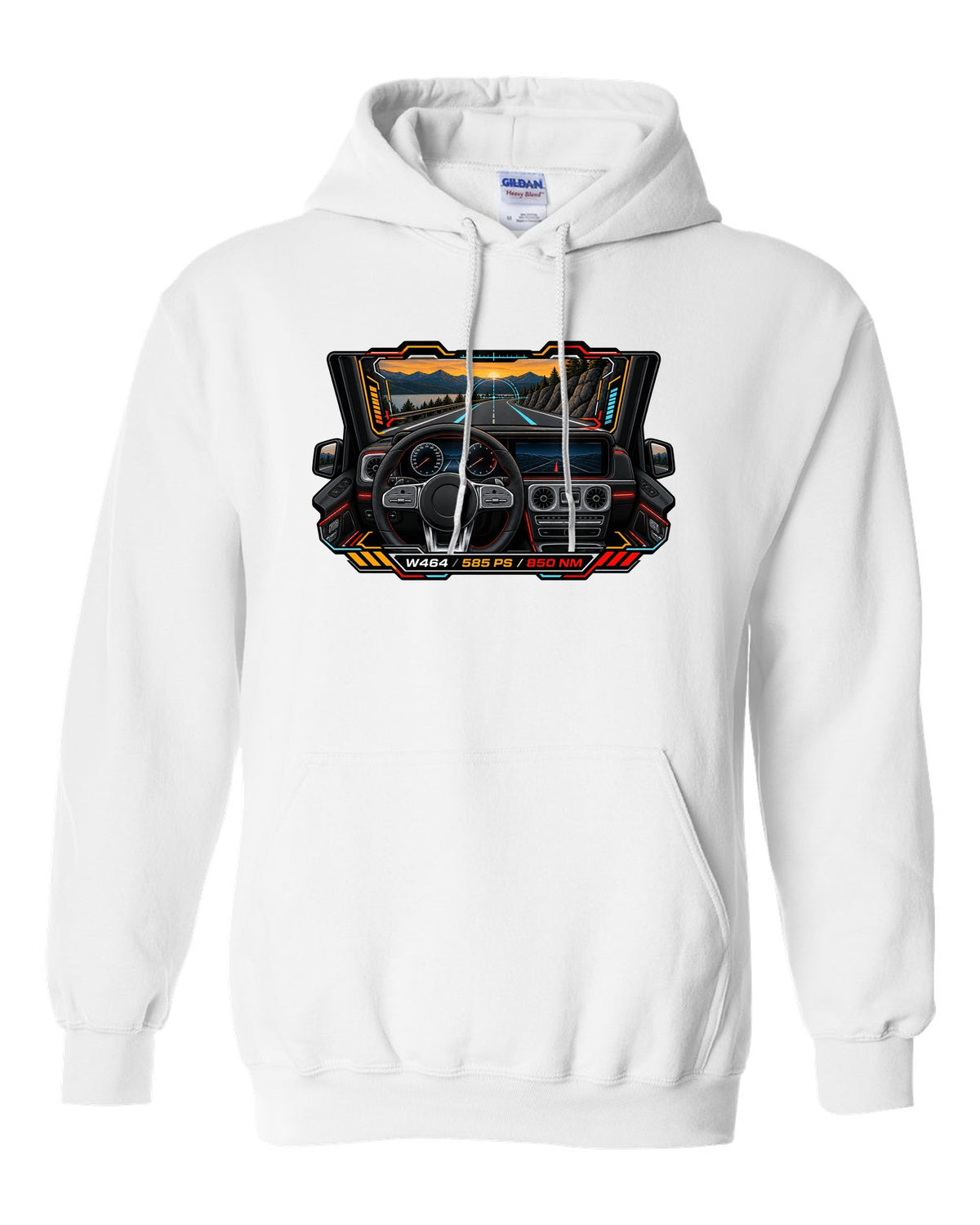 Gauge-cluster HUD graphic reading W464 585 PS 850 NM for the Mercedes G63, print white pull over hoodie front view with the design