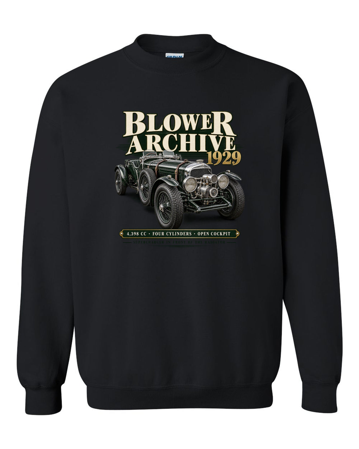 Bentley Blower 1929 archive panel with supercharger detail black crewneck front view with the design