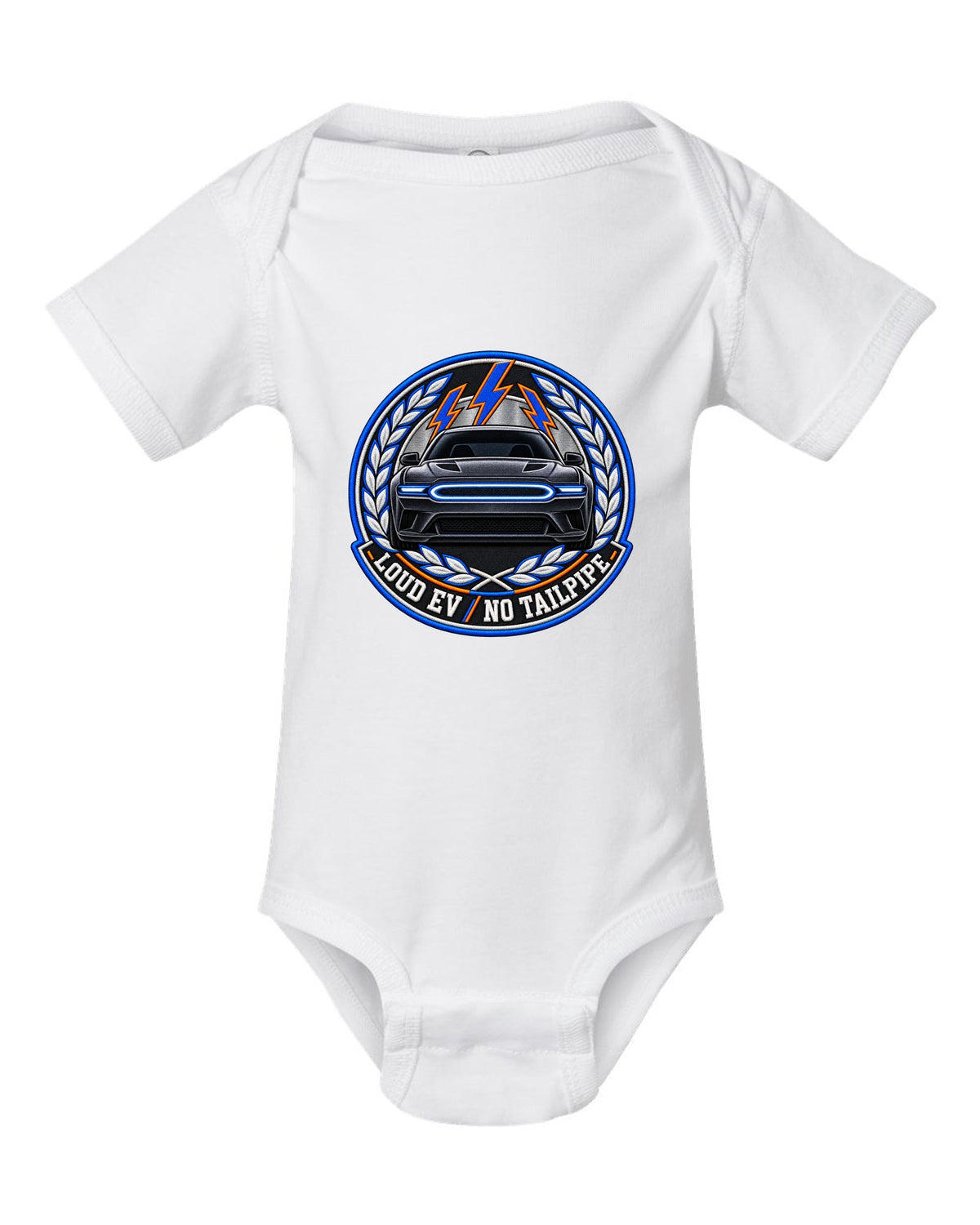 Embroidery-style varsity crest for the 2024 Dodge Charger Daytona EV with loud EV no tailpipe text white baby onesie front view with the design