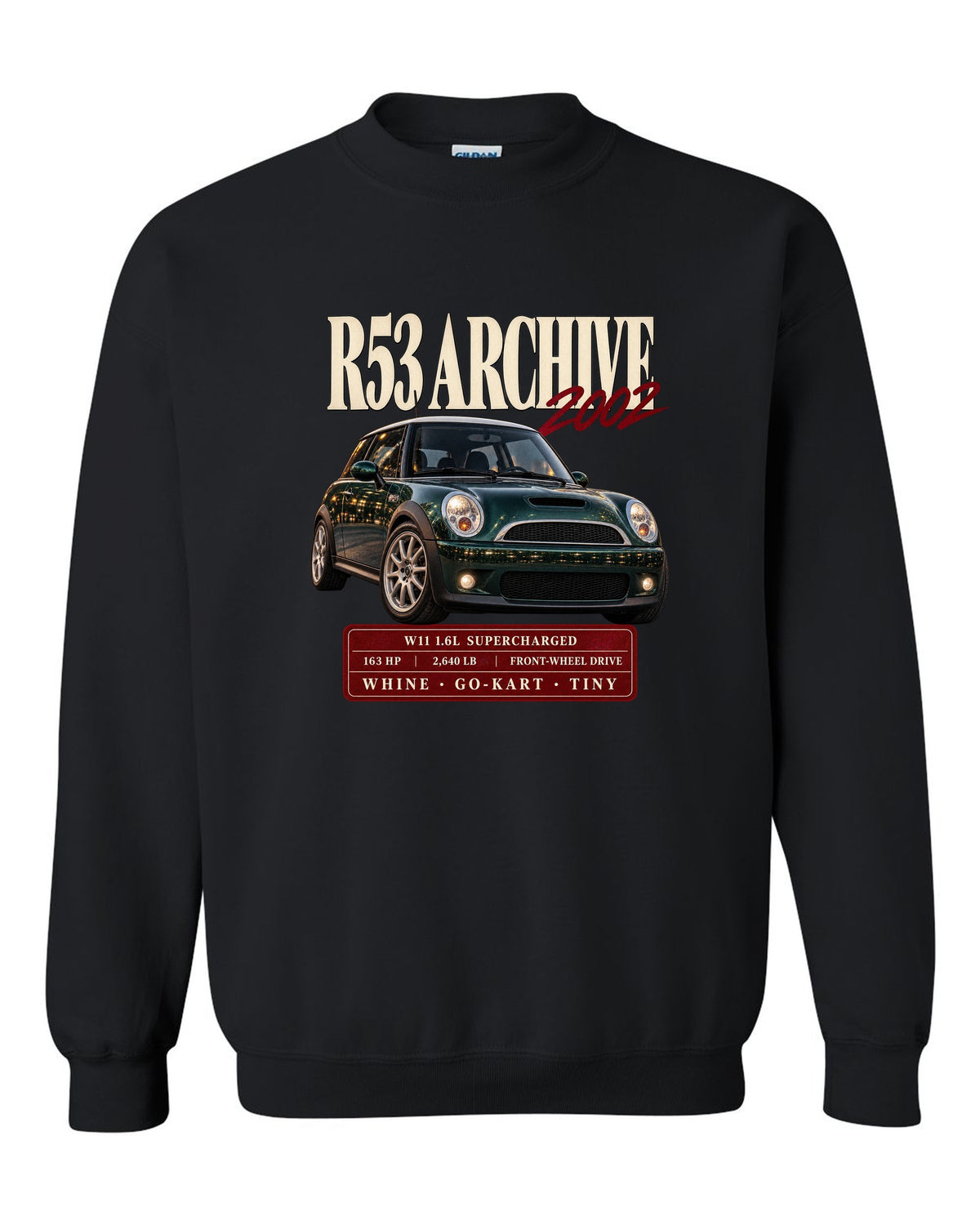Mini Cooper S R53 archive panel with W11 supercharged engine specs black crewneck front view with the design