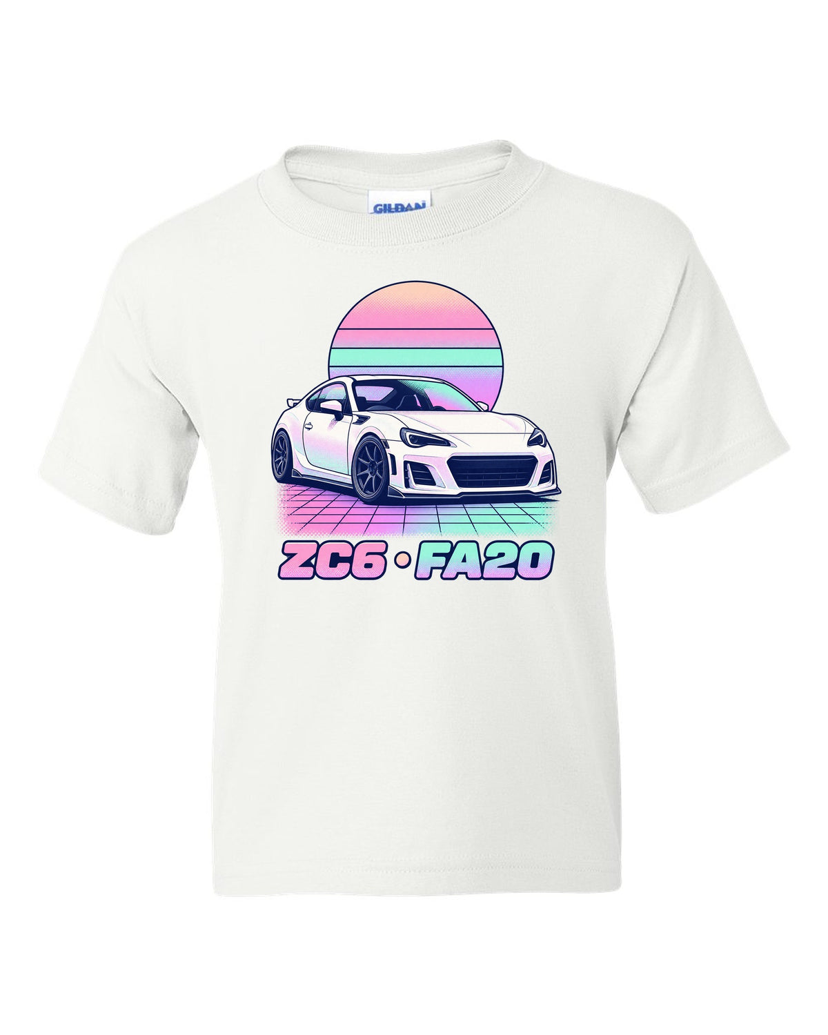 Subaru BRZ ZD8 round varsity crest print, ZD8 / FA24 / 2022 white kids tee front view with the design