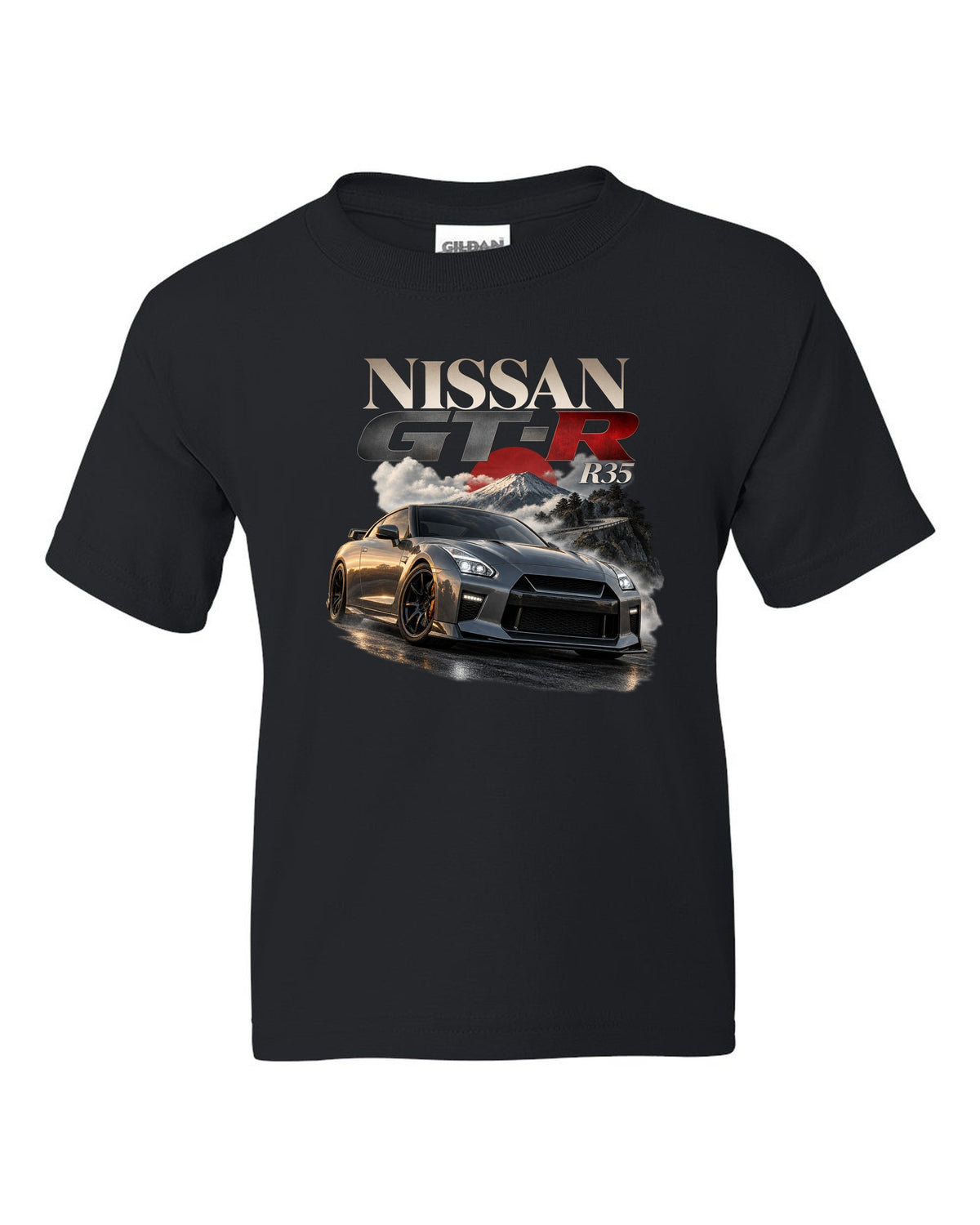 Nissan GT-R R35 2017 facelift in blue on a spec poster layout black kids tee front view with the design