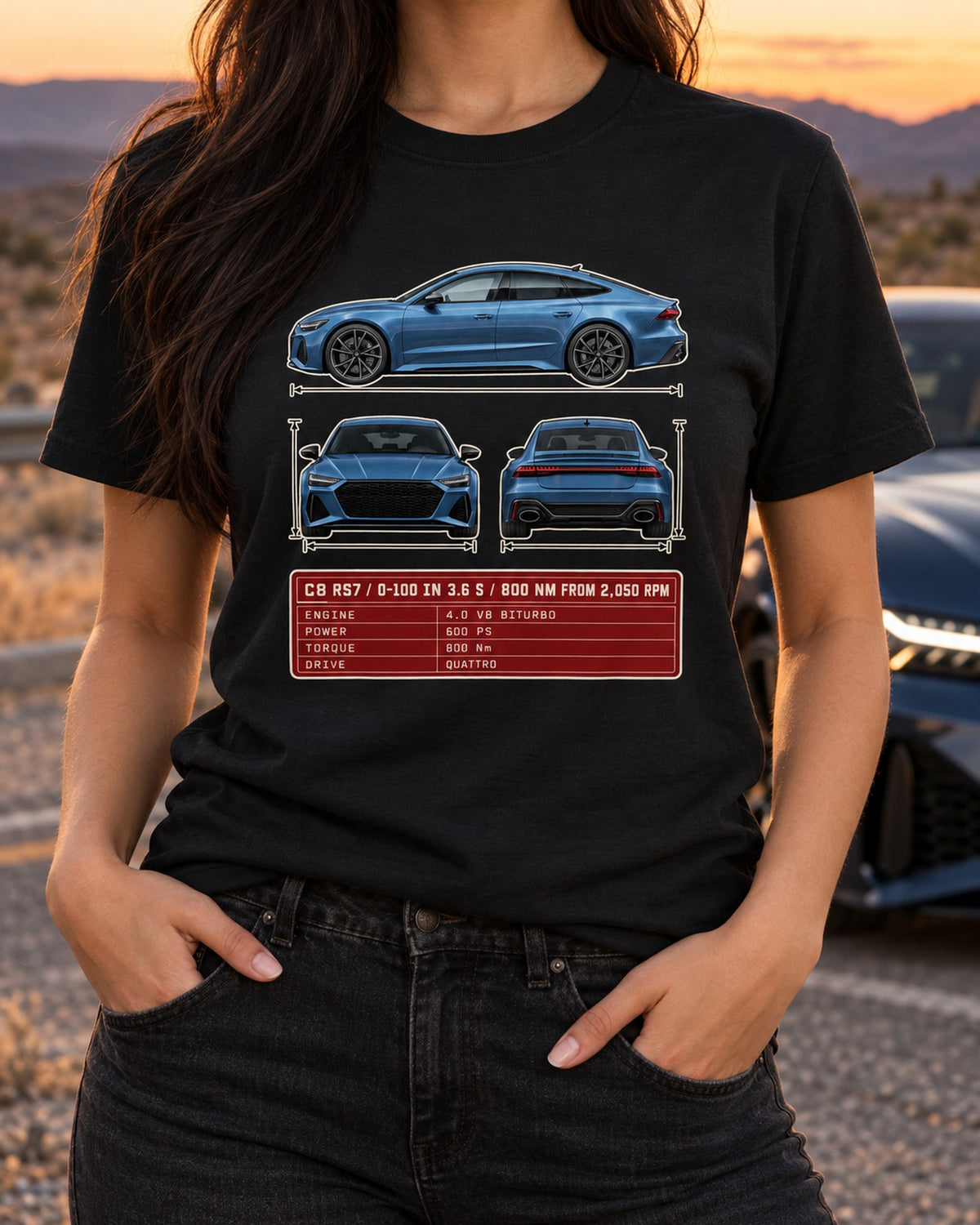 Audi RS7 C8 Three-View Spec Sheet Shirt, 0-100 in 3.6 s T-Shirt Black worn hero