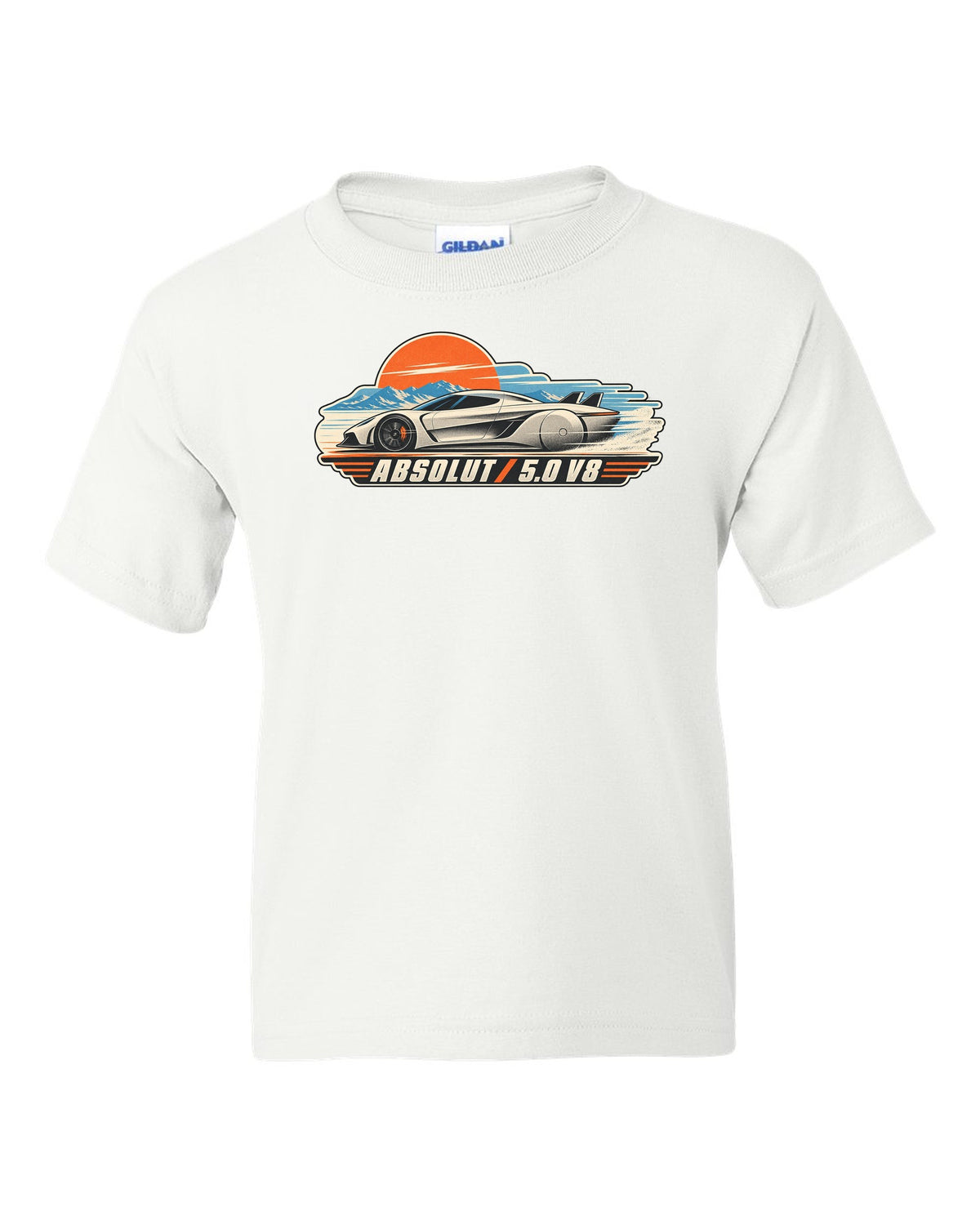 Vintage race poster illustration of the Koenigsegg Jesko Absolut with ABSOLUT 5.0 V8 lettering white kids tee front view with the design