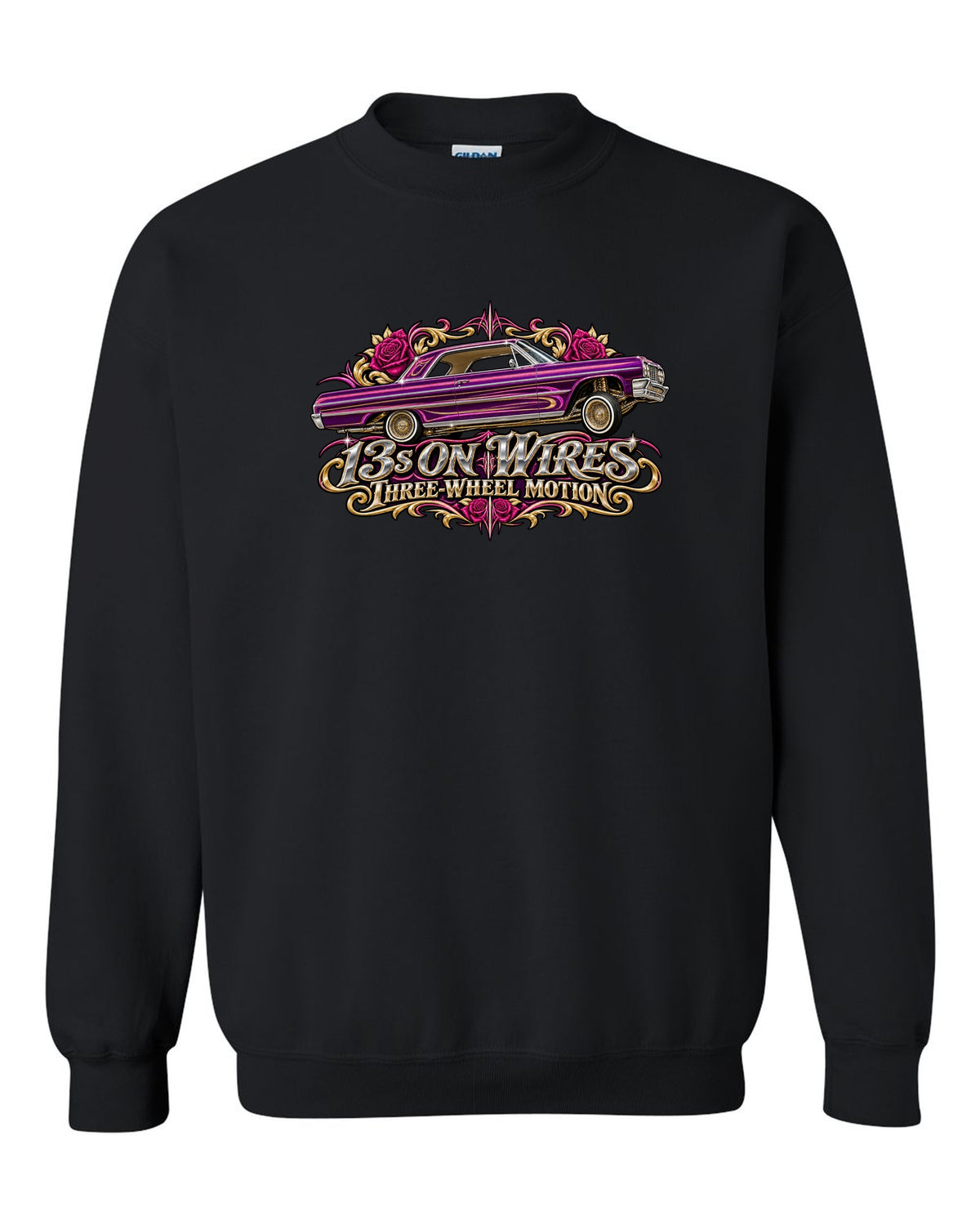 1964 Chevrolet Impala SS lowrider in airbrush style with text 13s on Wires Three-Wheel Motion black crewneck front view with the design