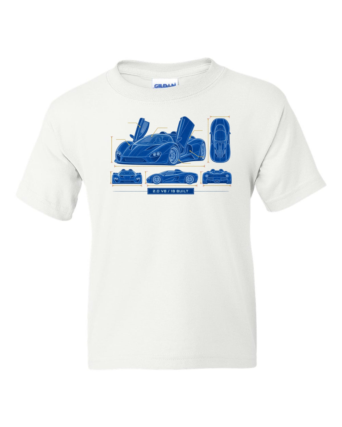 Cyanotype negative blueprint of an Alfa Romeo 33 Stradale with 2.0 V8 and 18 built white kids tee front view with the design