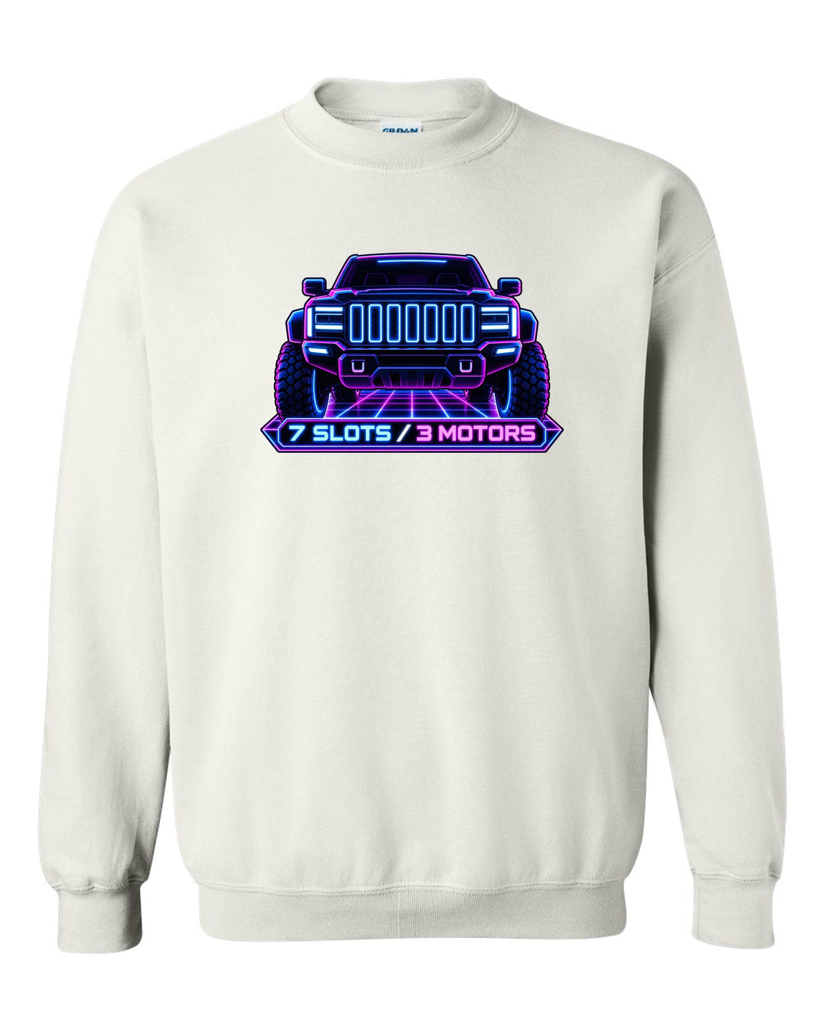 GMC Hummer EV neon vector grille panel print with seven slots and three motors white crewneck front view with the design