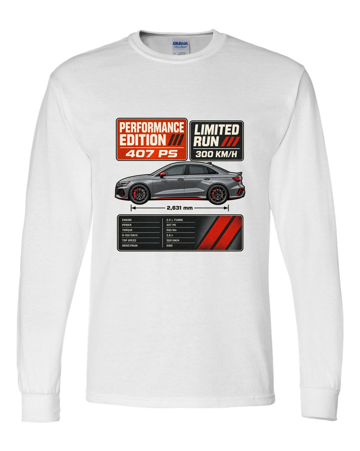 Grey and orange spec poster for the Audi RS3 8Y Performance Edition white long sleeve front view with the design