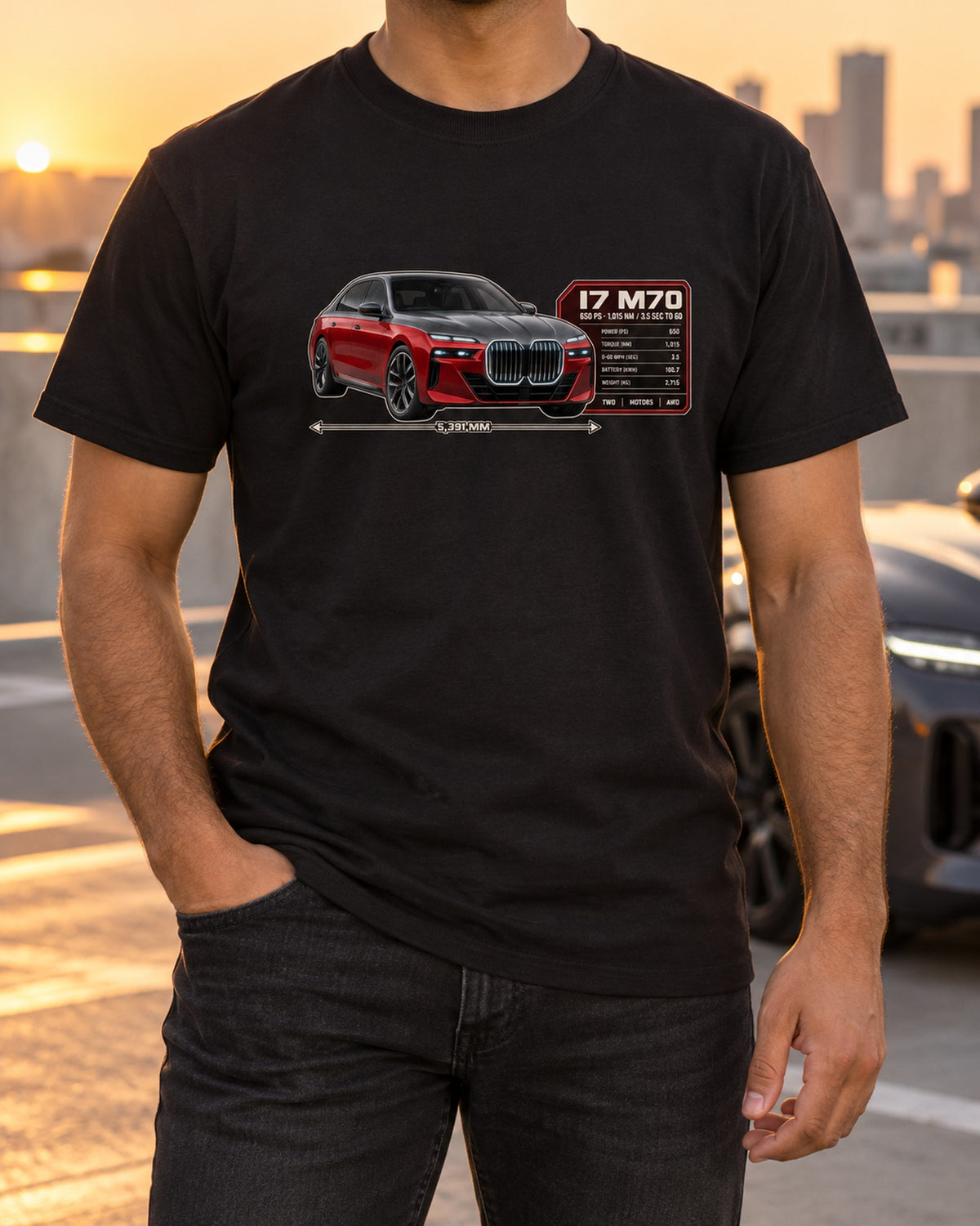 BMW i7 M70 xDrive G70 Spec Poster Shirt, 650 PS Print T-Shirt Black worn hero