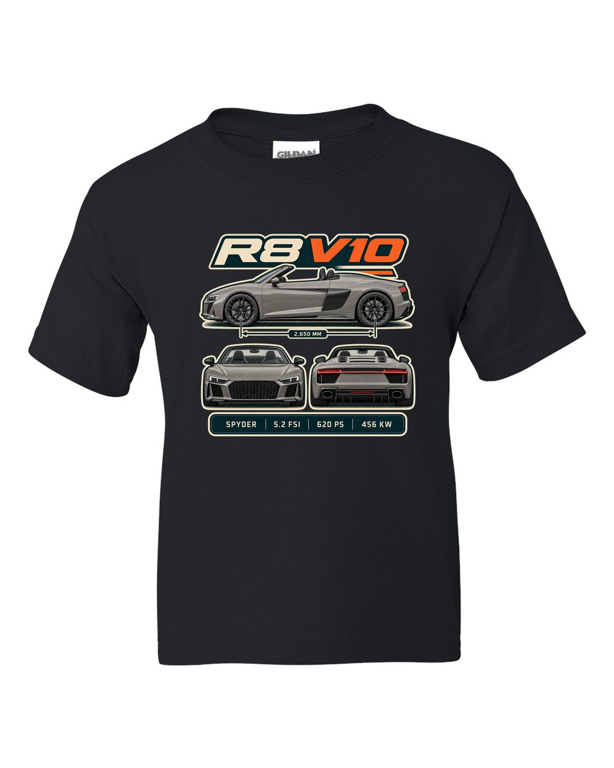 Audi R8 Spyder V10 performance three-view spec table print design black kids tee front view with the design