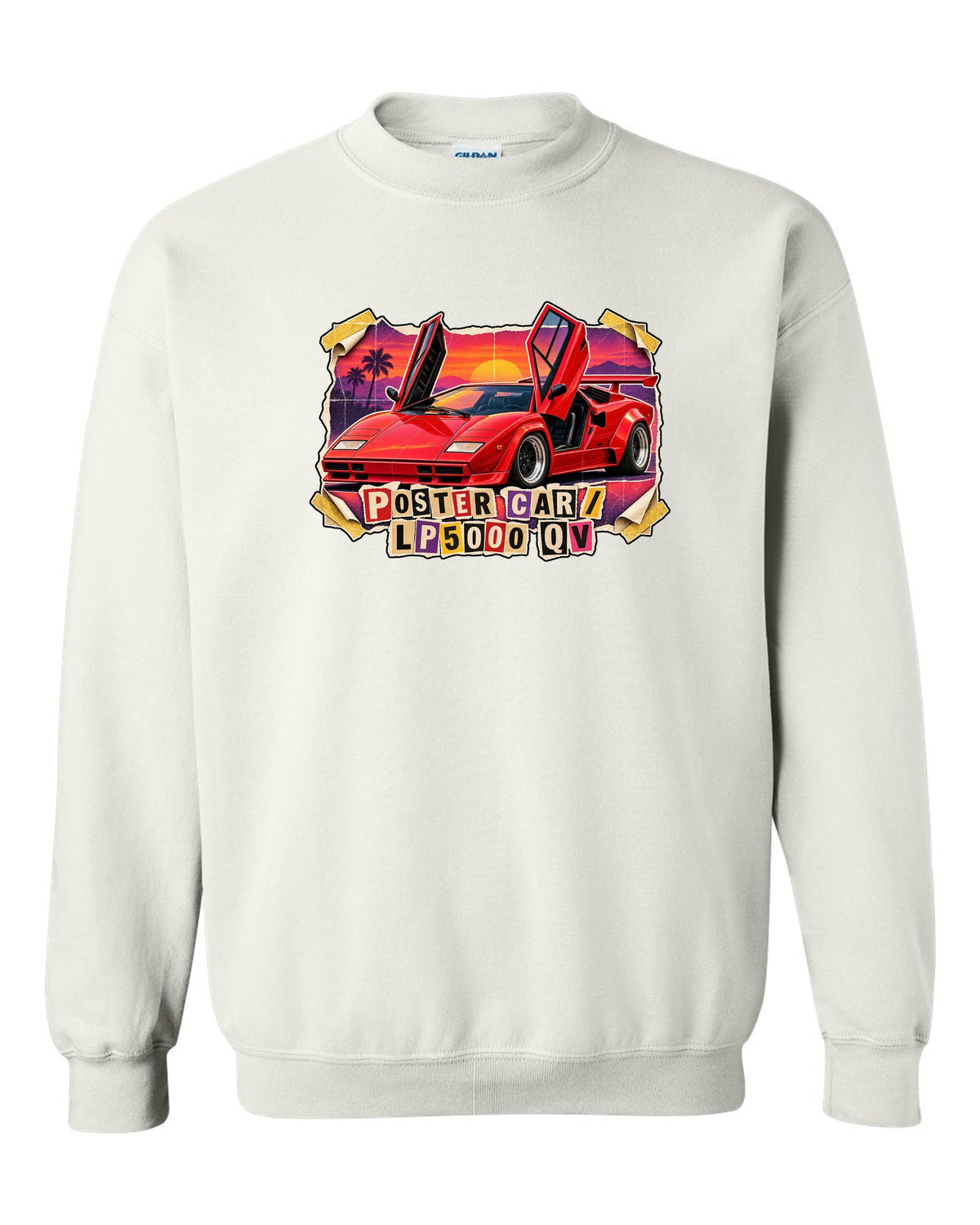 Magazine-cutout collage of a Lamborghini Countach LP5000 QV styled as a pull-out poster car white crewneck front view with the design