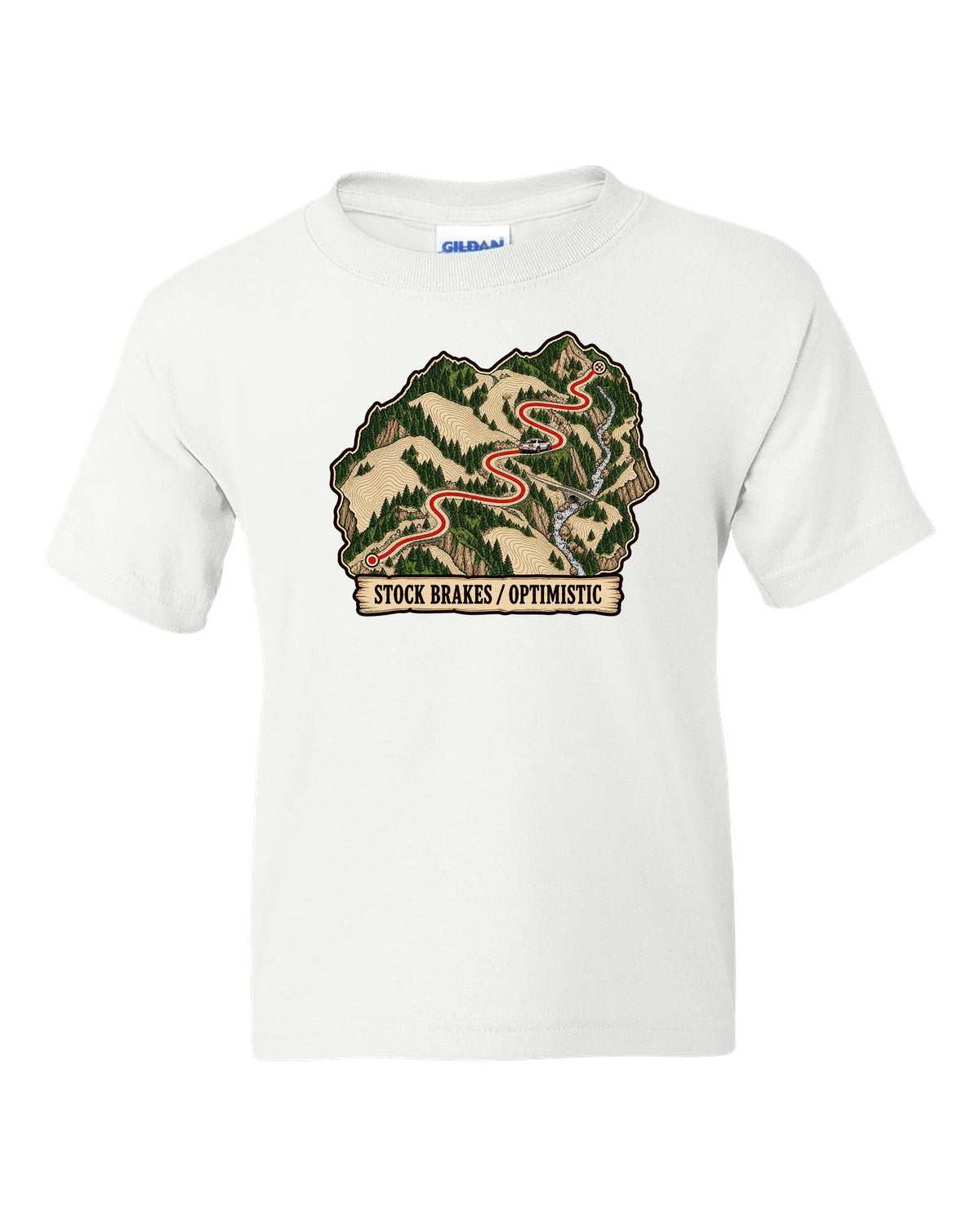 Topographic route map print of a mountain pass for the Nissan Skyline GT-R R32 BNR32 white kids tee front view with the design