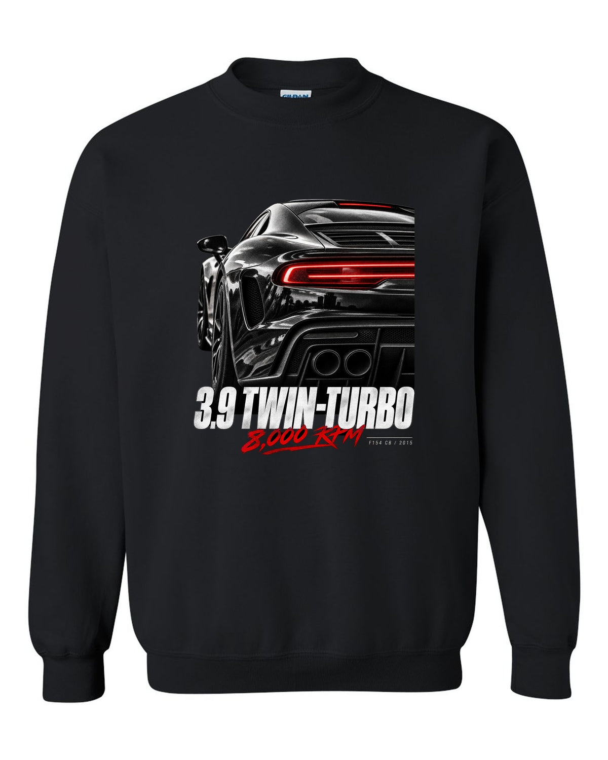 Macro print of a Ferrari 488 GTB rear with 3.9 twin-turbo and 8,000 rpm text black crewneck front view with the design